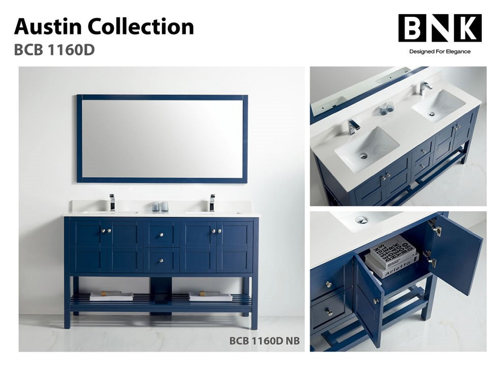 BNK Austin - 60" Vanity with single sink. Four door, two drawer & soft close. Navy Blue