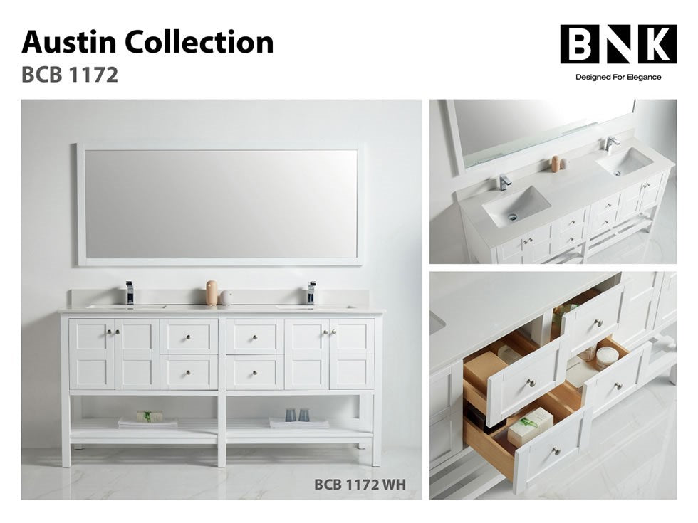 BNK Austin - 72" Vanity with double-sink. Four door, four drawer & soft close. White