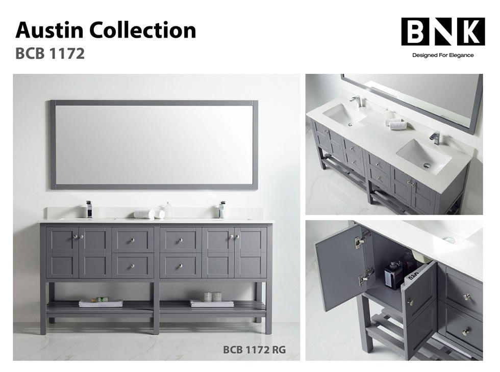 BNK Austin - 72" Vanity with double-sink. Four door, four drawer & soft close. Rock Gray