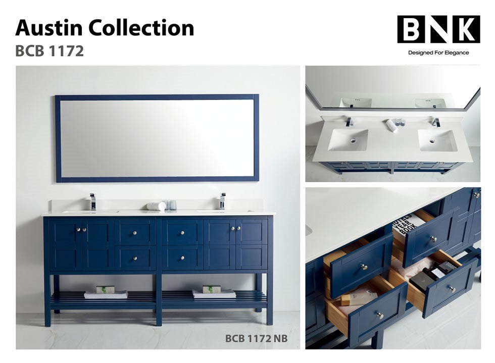 BNK Austin - 72" Vanity with double-sink. Four door, four drawer & soft close. Navy Blue