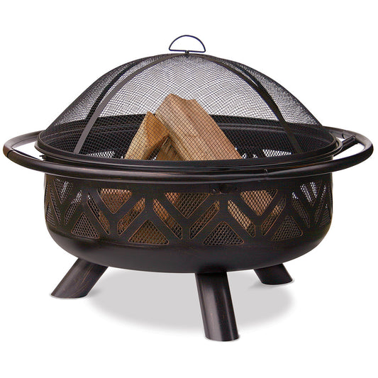 MR. BAR-B-Q OIL RUBBED BRONZE WOOD BURNING OUTDOOR FIREBOWL WITH GEOMETRIC DESIGN