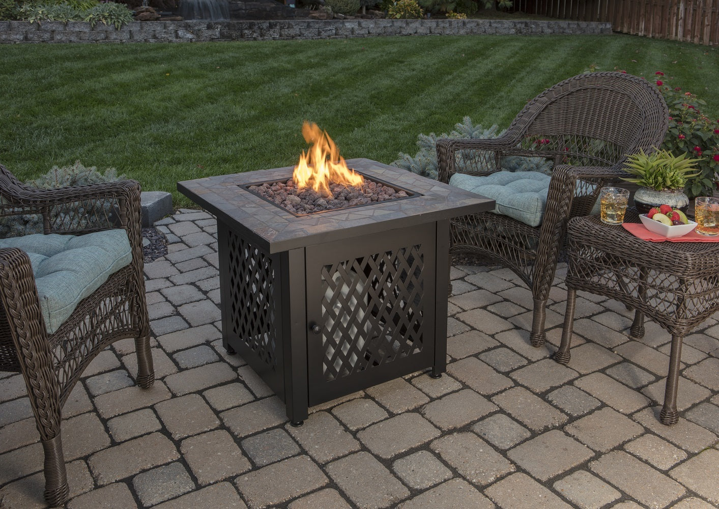 MR. BAR-B-Q LP Gas Outdoor Fire Pit with 30-in Slate Tile Mantel