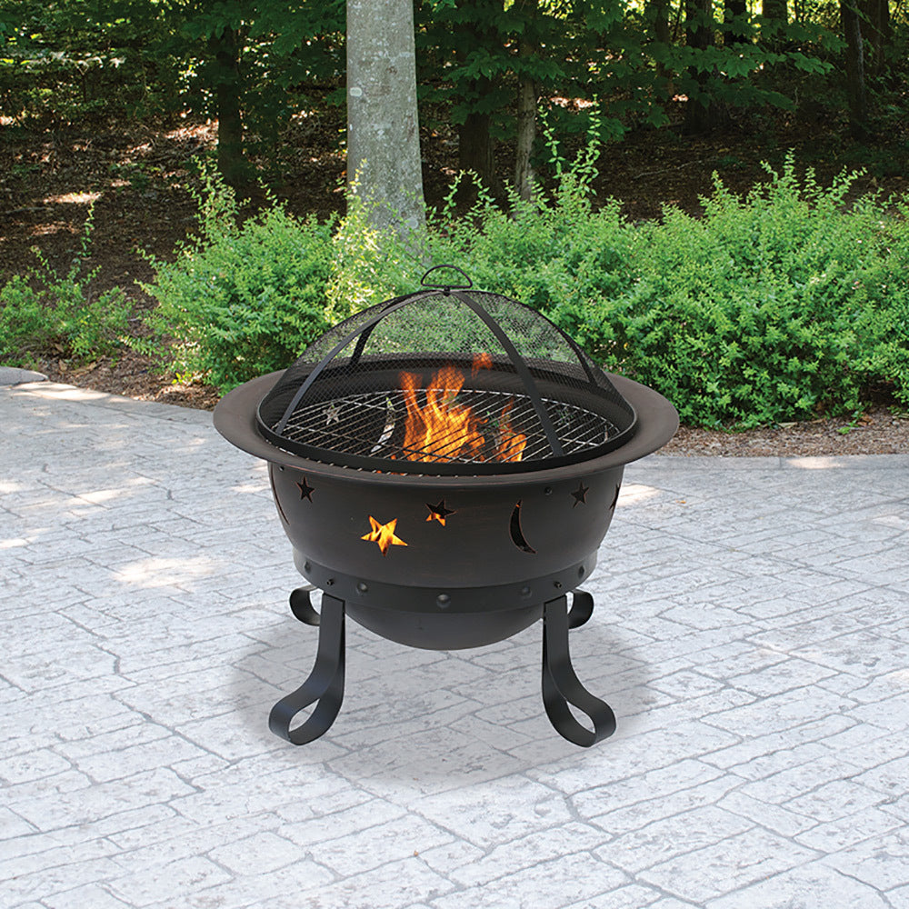 MR. BAR-B-Q OIL RUBBED BRONZE WOOD BURNING OUTDOOR FIREBOWL WITH STARS AND MOONS