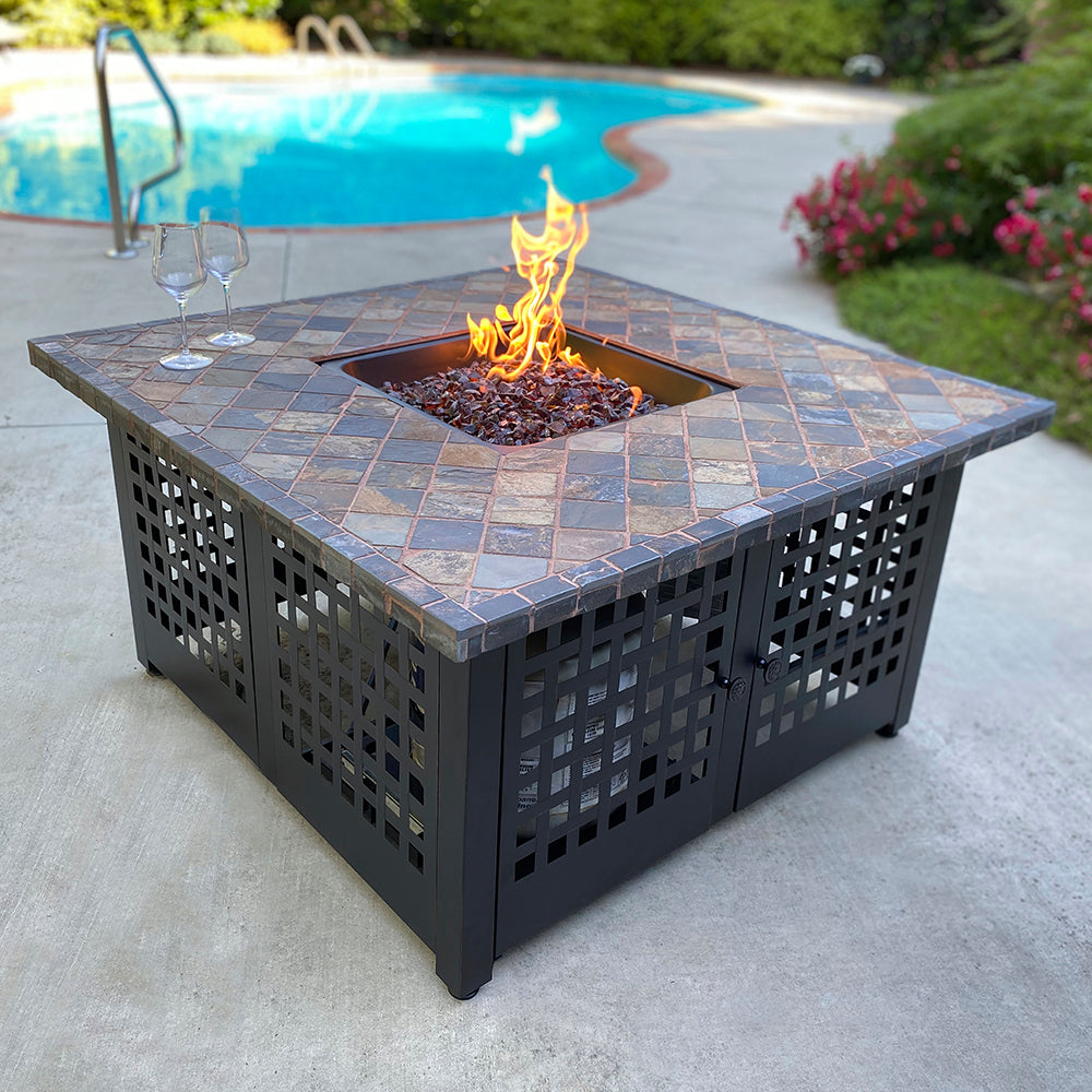 MR. BAR-B-Q The Elizabeth, LP Gas Outdoor Fire Pit with 42-in Slate Tile Mantel