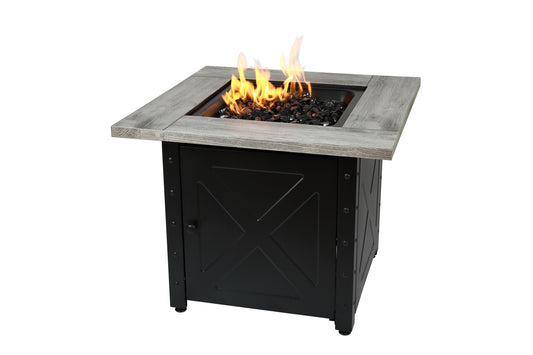 MR. BAR-B-Q The Mason, 30" Square Gas Outdoor Fire Pit with Printed Wood Lat look Cement Resin Mantel