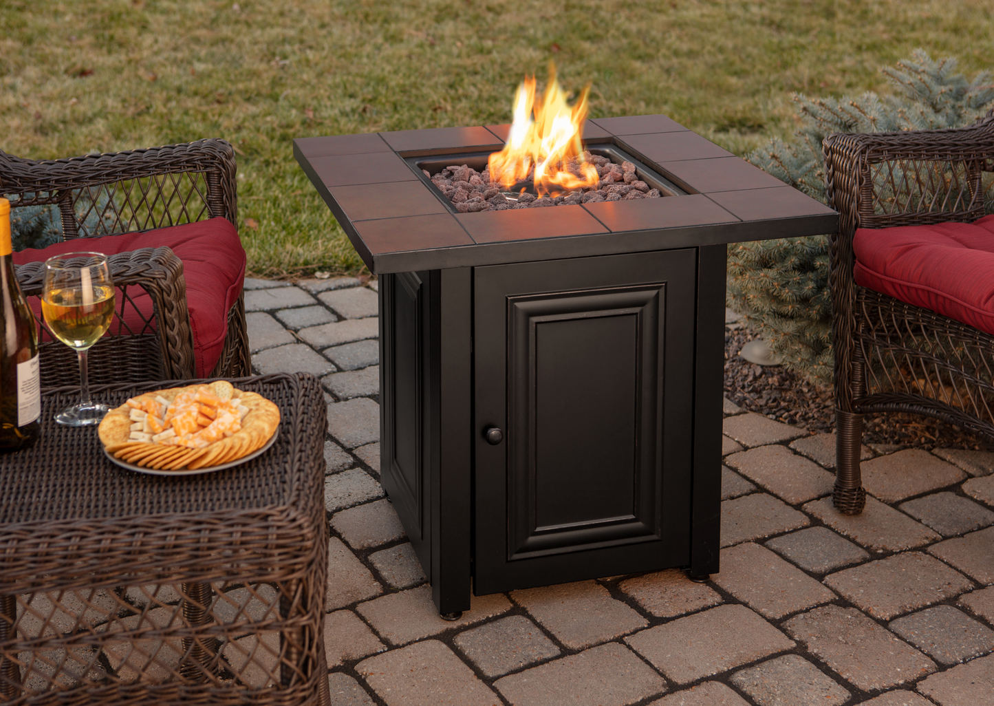 MR. BAR-B-Q The Vanderbilt, LP Gas Outdoor Fire Pit with Ceramic Tile Mantel