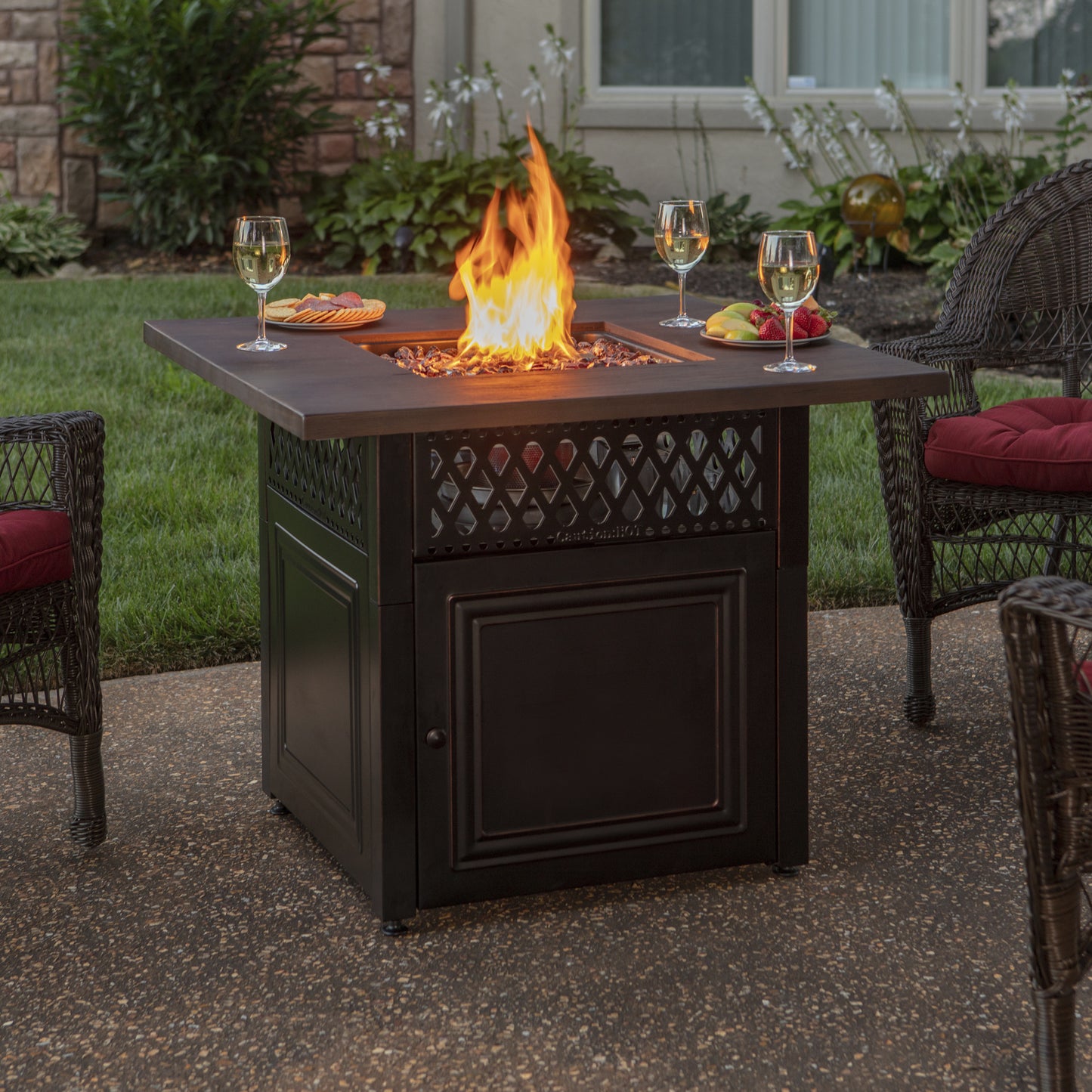 MR. BAR-B-Q The Donovan, Dual Heat LP Gas Outdoor Fire Pit/Patio Heater with Wood Look Resin Mantel