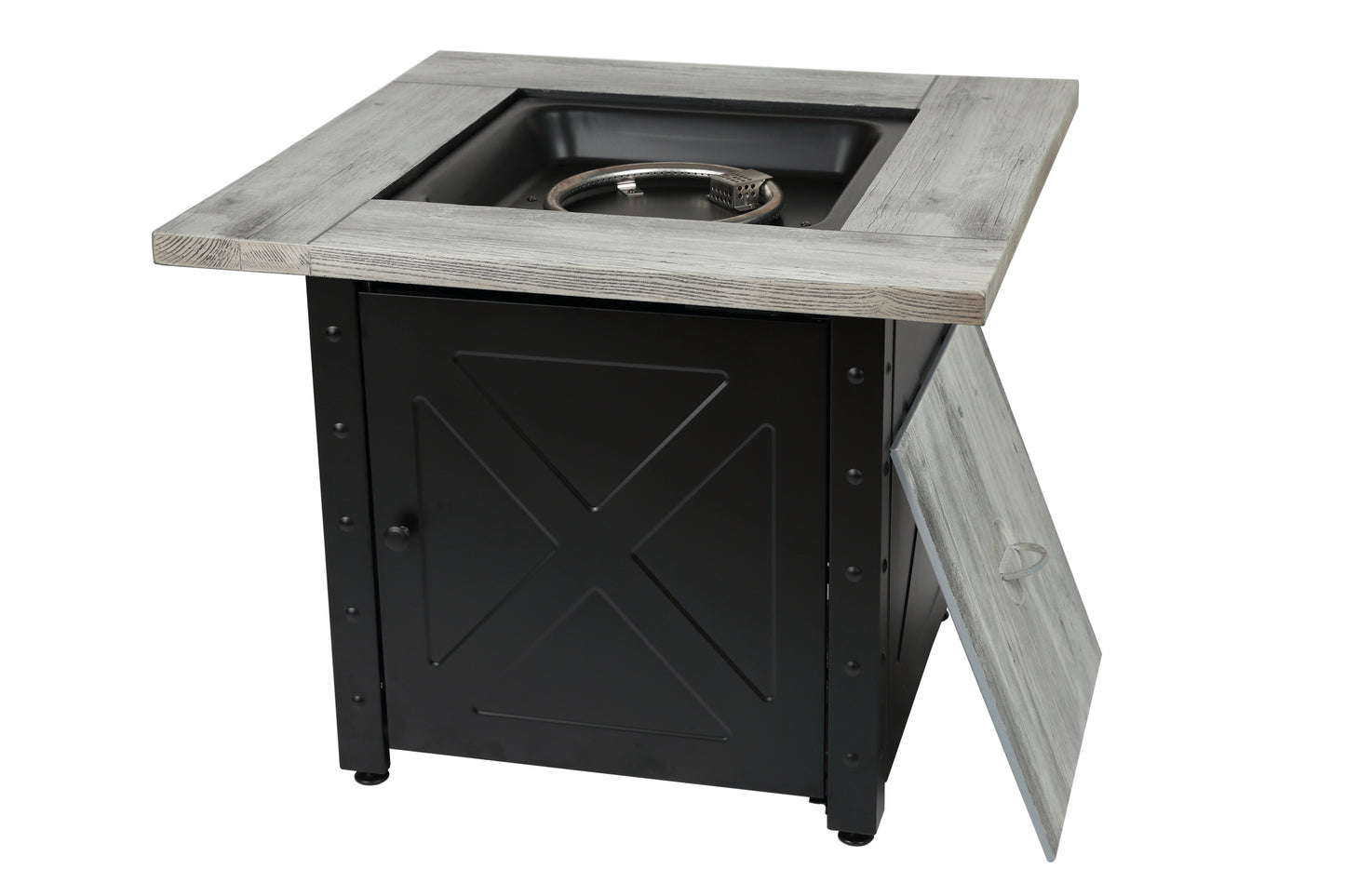 MR. BAR-B-Q The Mason, 30" Square Gas Outdoor Fire Pit with Printed Wood Lat look Cement Resin Mantel