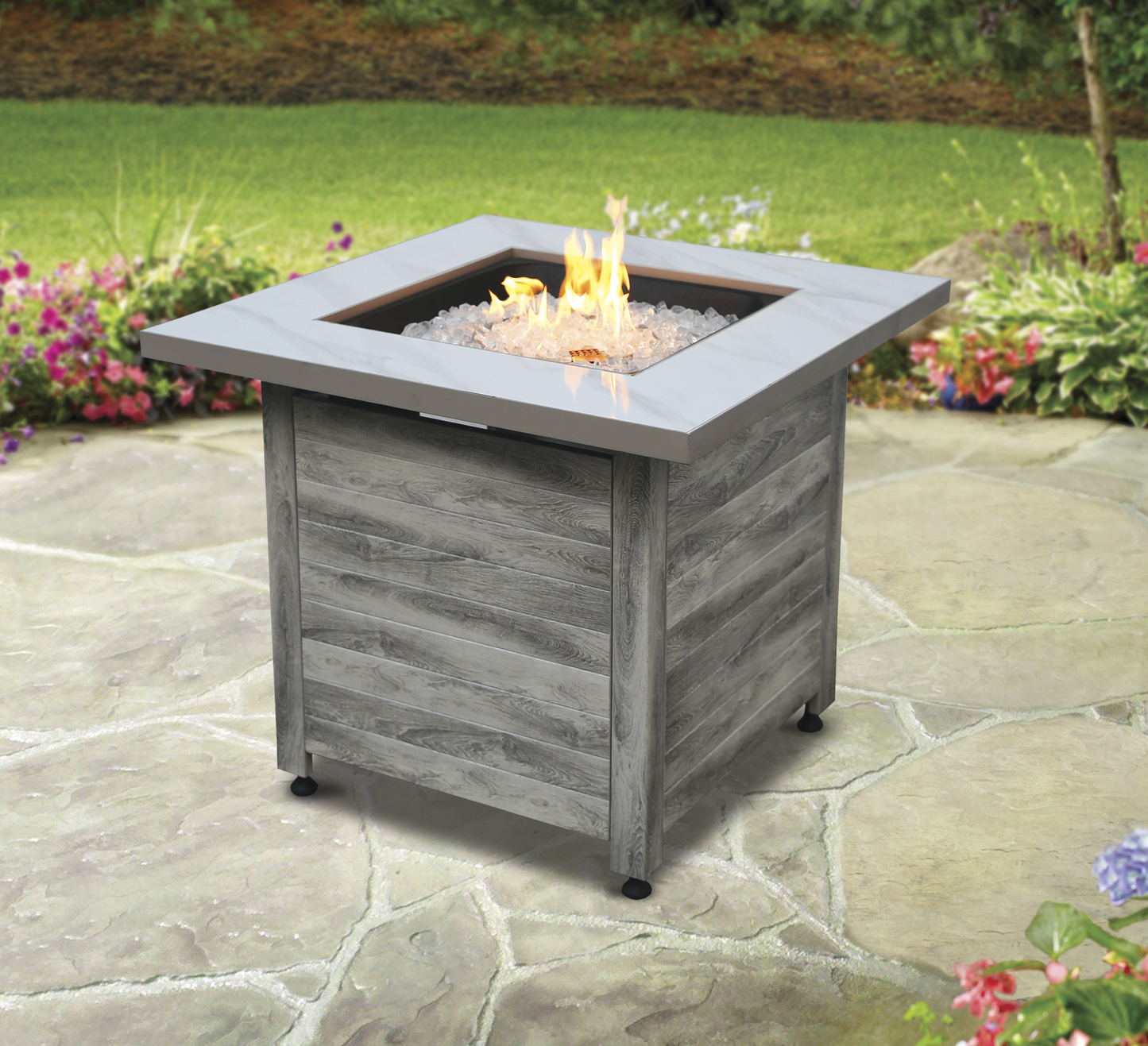 MR. BAR-B-Q The Chesapeake, LP Gas Fire Pit 30" Faux Marble Top Faux Weather Wood Base