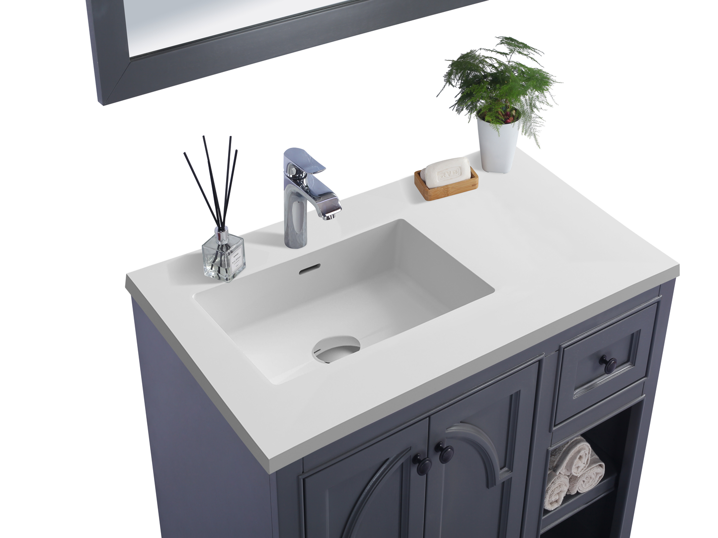 Laviva - Odyssey 36" Maple Grey Bathroom Vanity with Matte White VIVA Stone Solid Surface Countertop