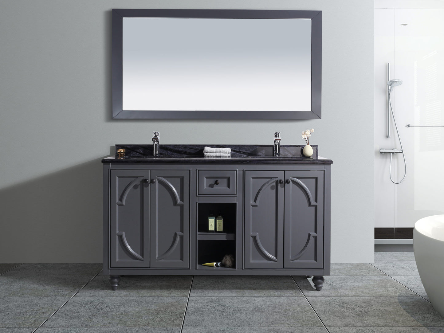 Laviva - Odyssey 60" Maple Grey Double Sink Bathroom Vanity with Black Wood Marble Countertop