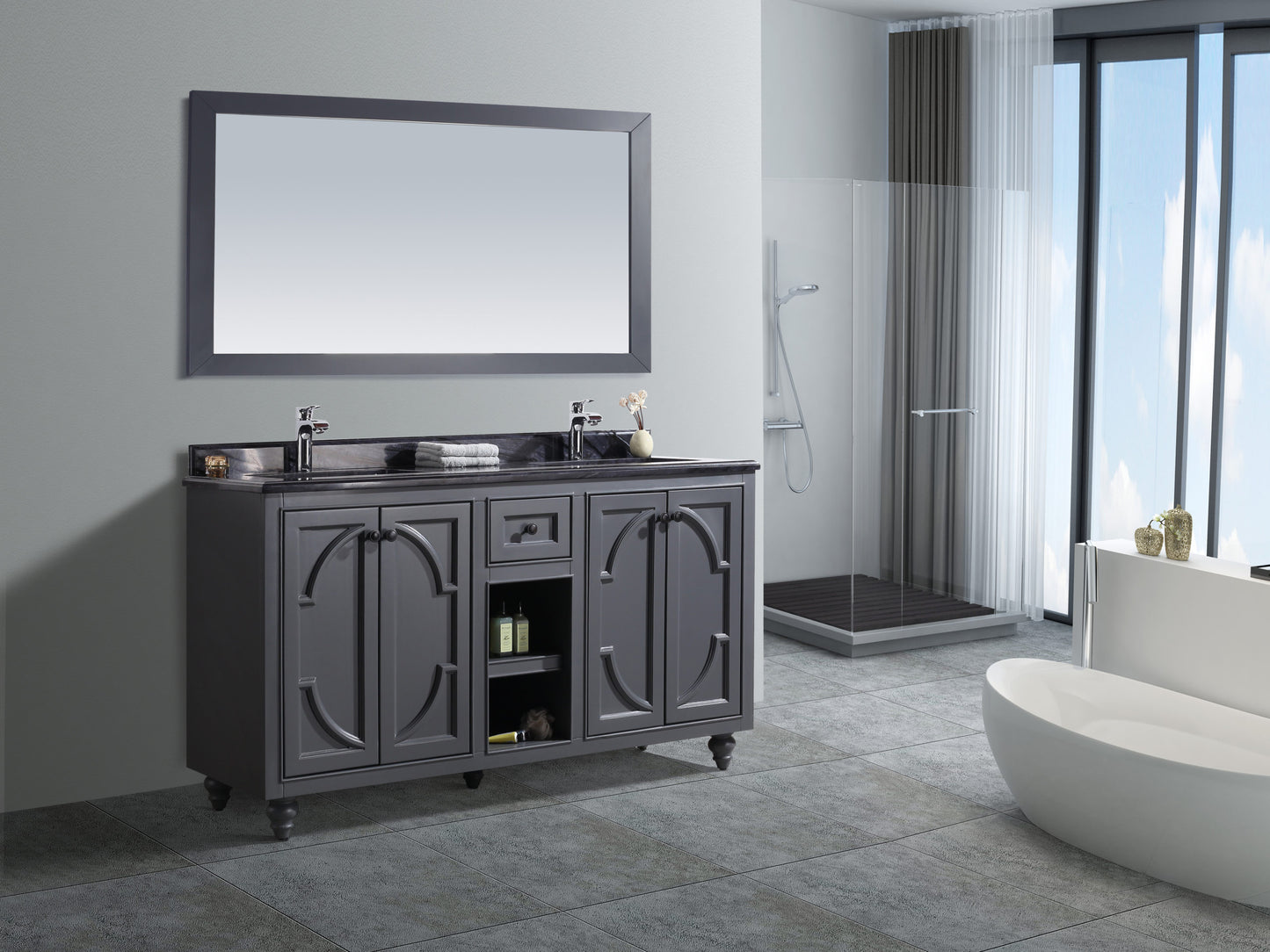 Laviva - Odyssey 60" Maple Grey Double Sink Bathroom Vanity with Black Wood Marble Countertop