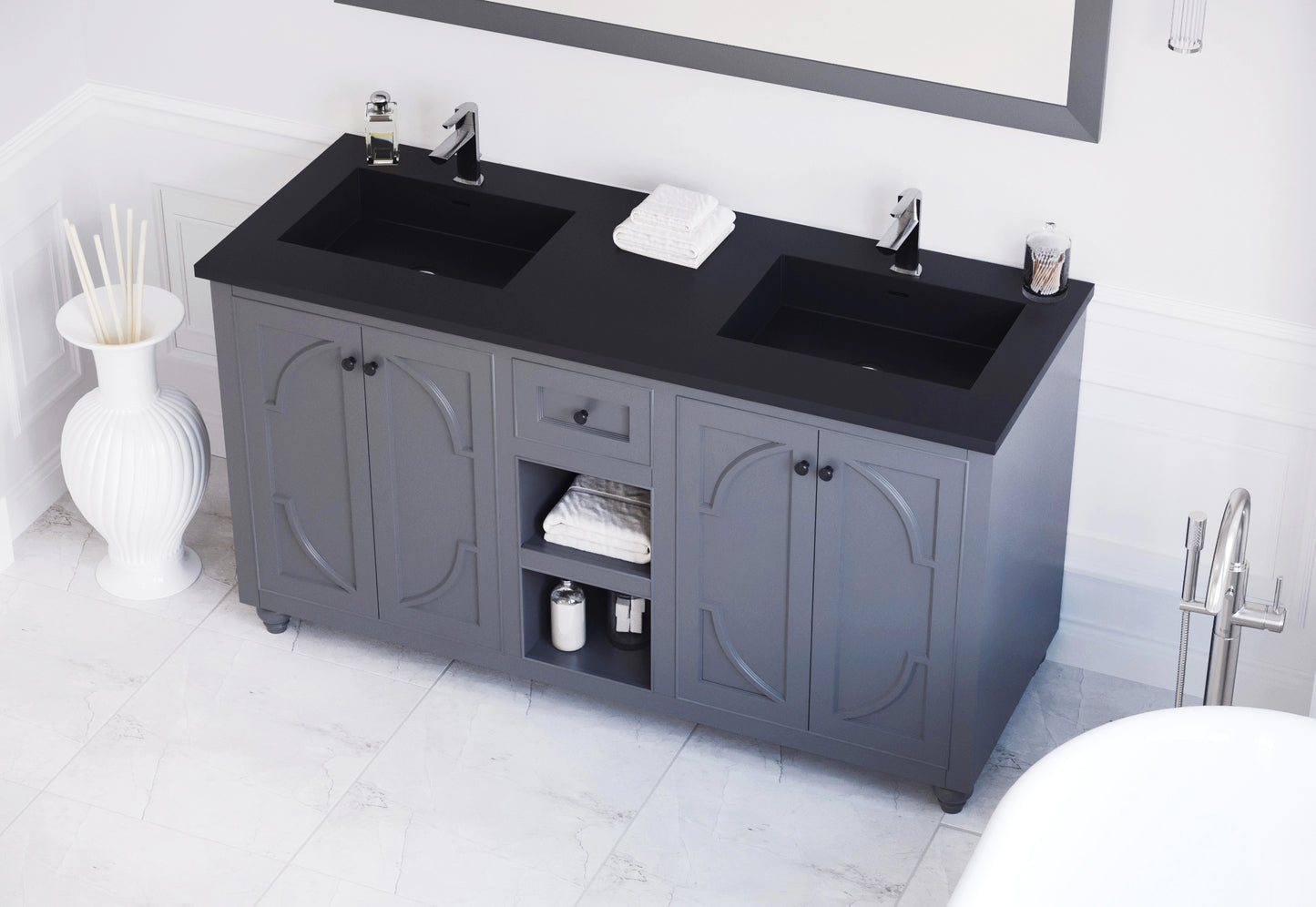 Laviva - Odyssey 60" Maple Grey Double Sink Bathroom Vanity with Matte Black VIVA Stone Solid Surface Countertop