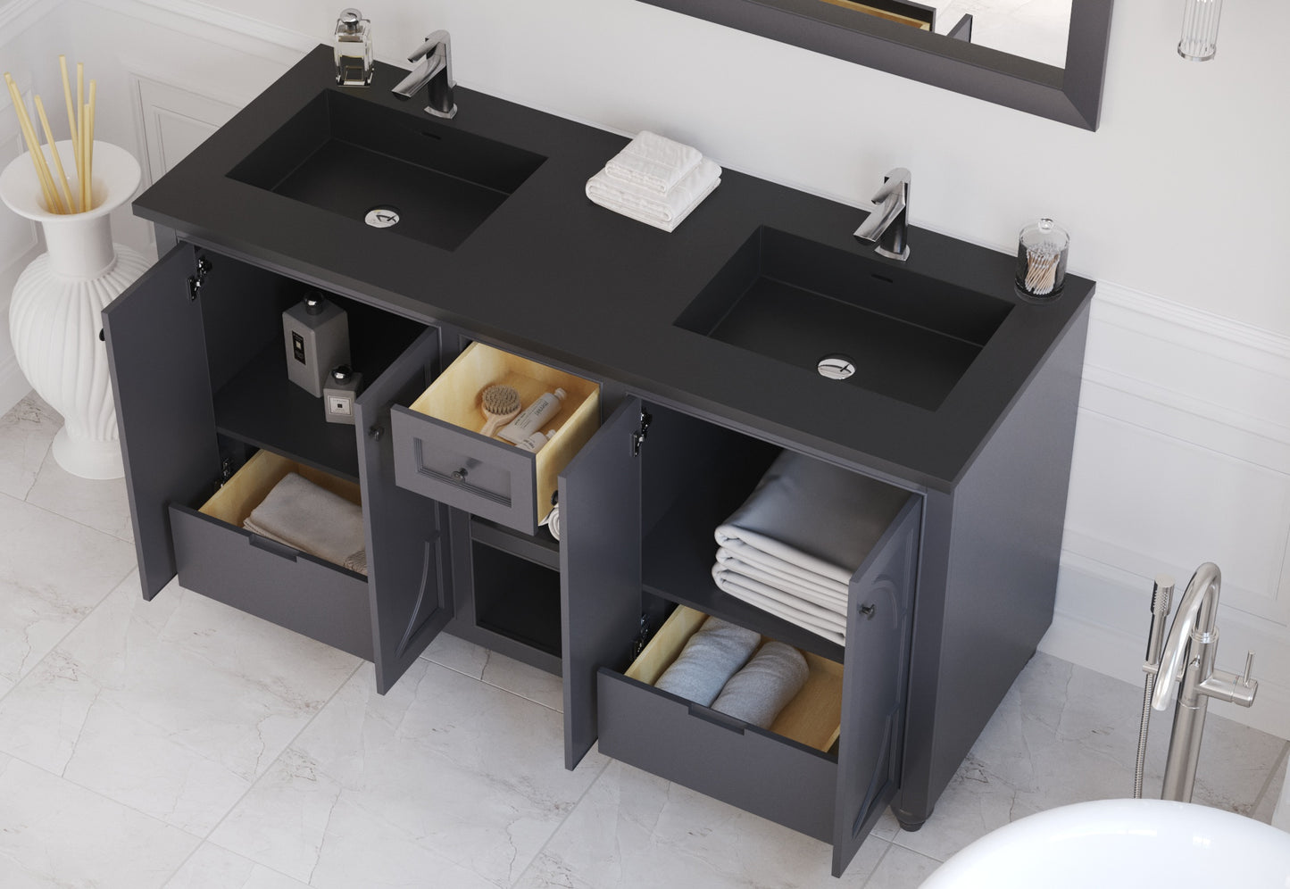 Laviva - Odyssey 60" Maple Grey Double Sink Bathroom Vanity with Matte Black VIVA Stone Solid Surface Countertop