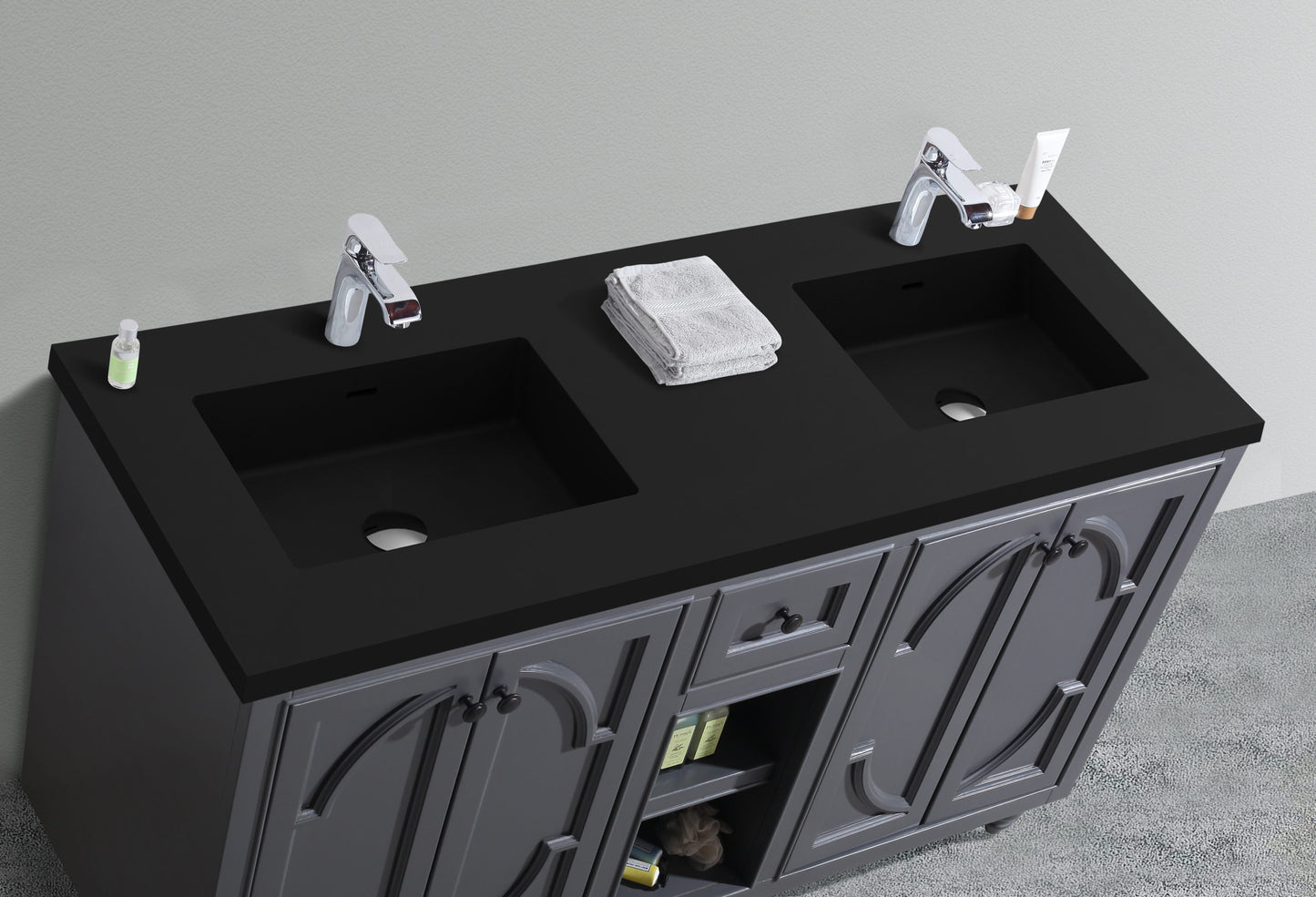 Laviva - Odyssey 60" Maple Grey Double Sink Bathroom Vanity with Matte Black VIVA Stone Solid Surface Countertop