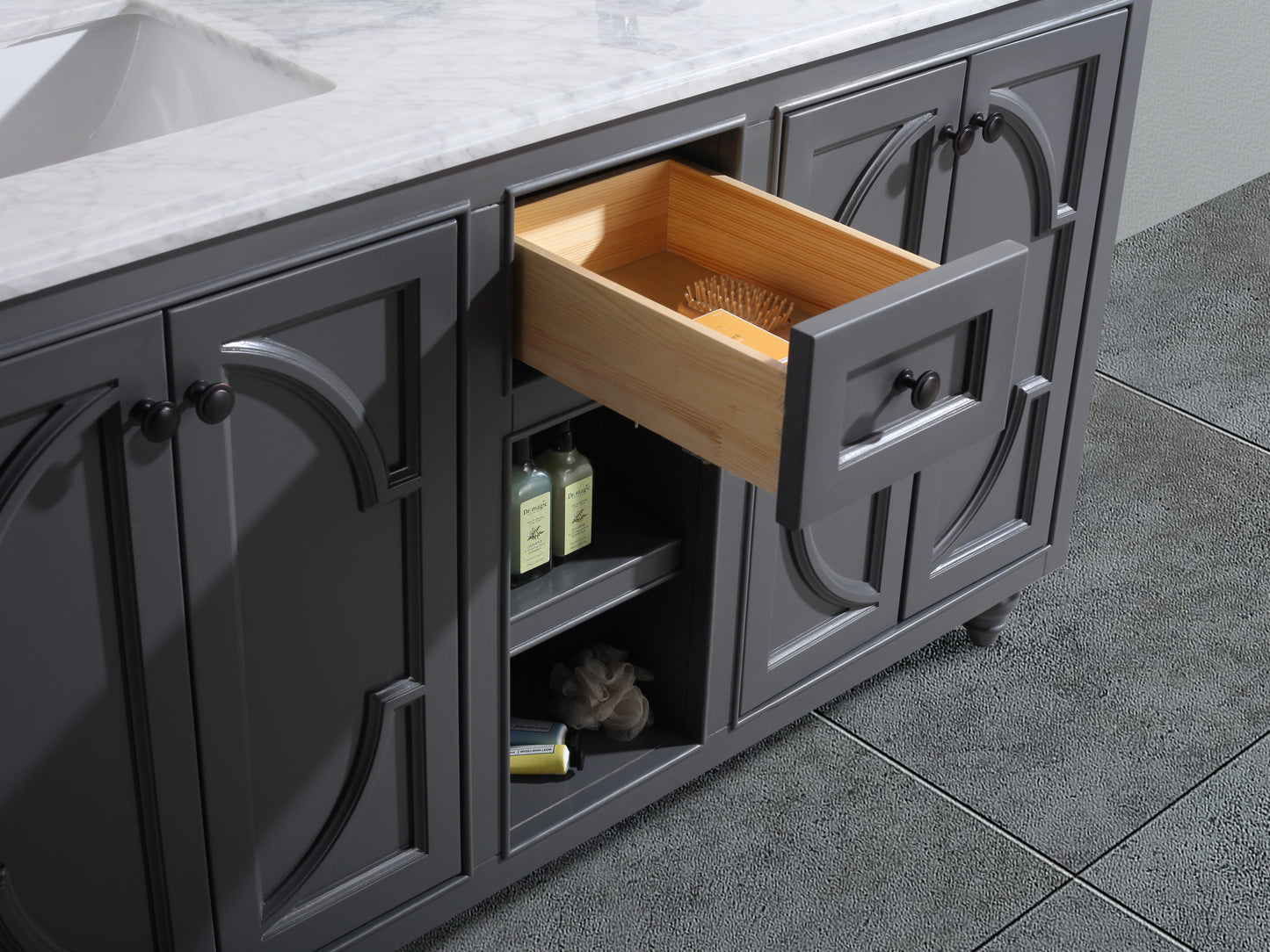 Laviva - Odyssey 60" Maple Grey Double Sink Bathroom Vanity with Matte Black VIVA Stone Solid Surface Countertop