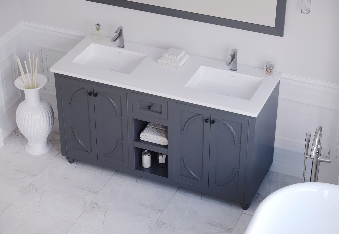 Laviva - Odyssey 60" Maple Grey Double Sink Bathroom Vanity with Matte White VIVA Stone Solid Surface Countertop