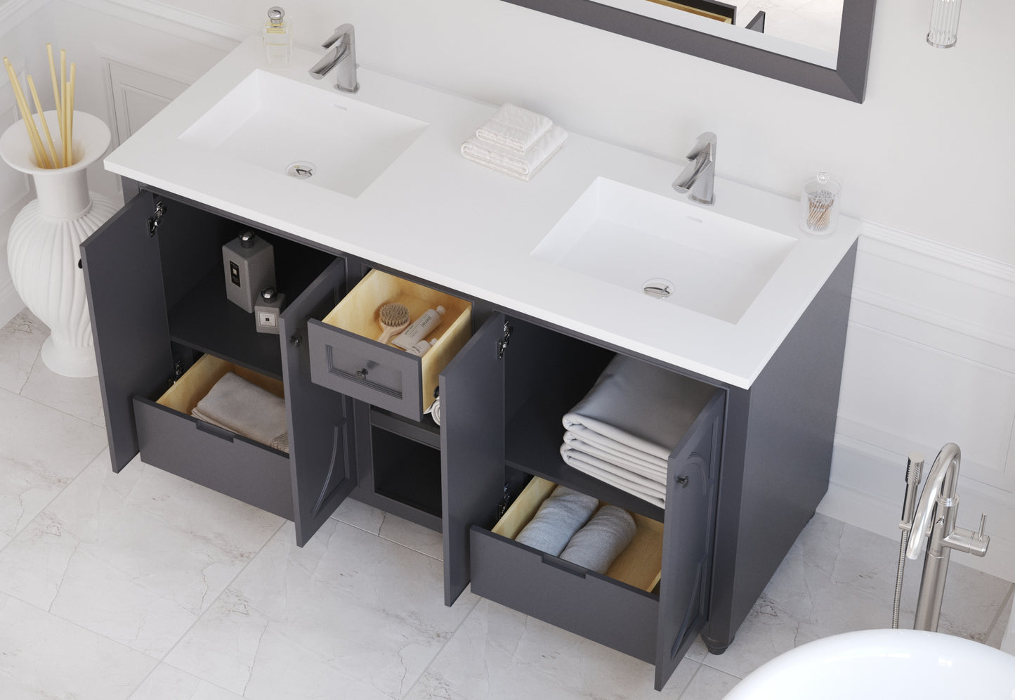 Laviva - Odyssey 60" Maple Grey Double Sink Bathroom Vanity with Matte White VIVA Stone Solid Surface Countertop