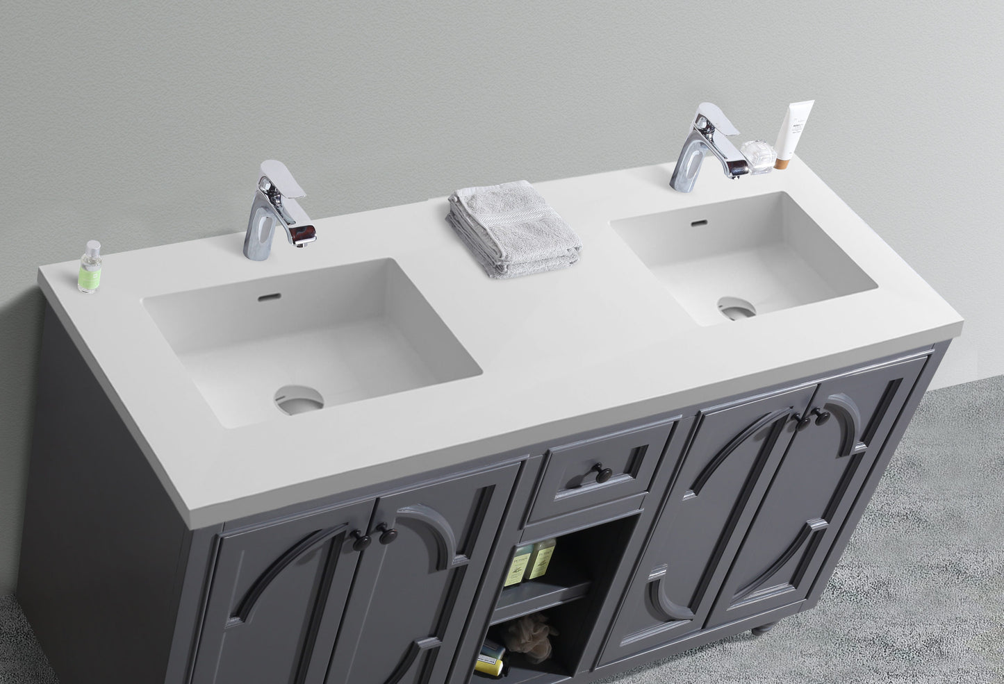 Laviva - Odyssey 60" Maple Grey Double Sink Bathroom Vanity with Matte White VIVA Stone Solid Surface Countertop