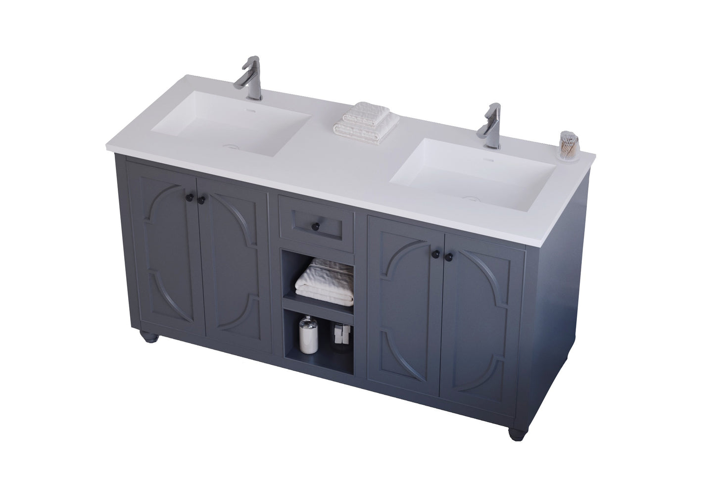 Laviva - Odyssey 60" Maple Grey Double Sink Bathroom Vanity with Matte White VIVA Stone Solid Surface Countertop