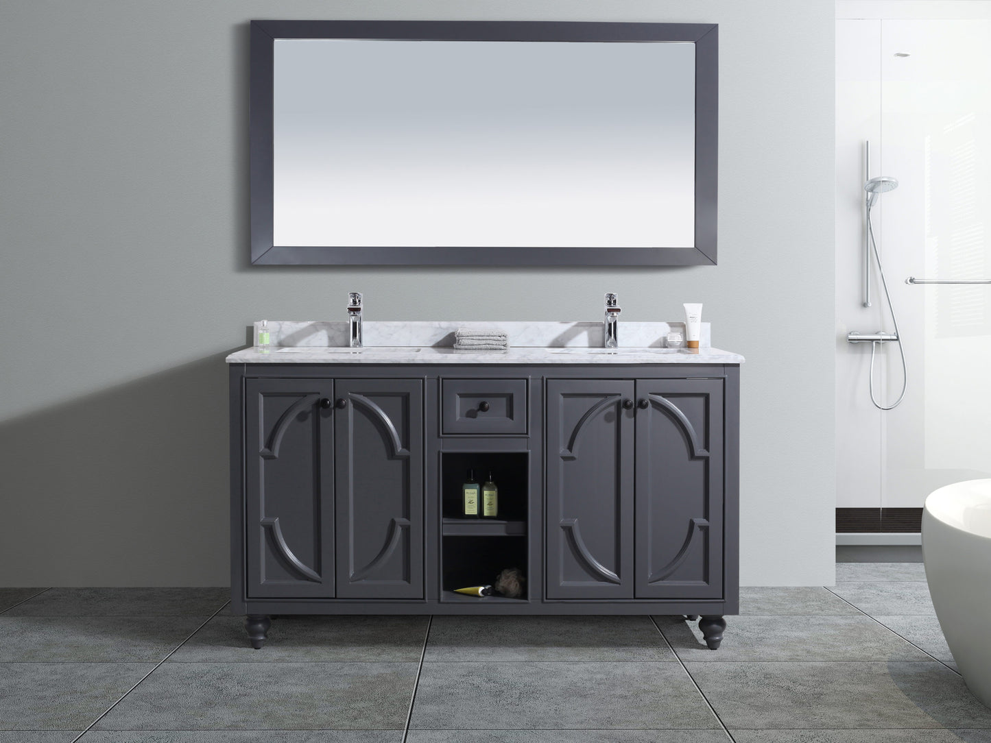 Laviva - Odyssey 60" Maple Grey Double Sink Bathroom Vanity with White Carrara Marble Countertop