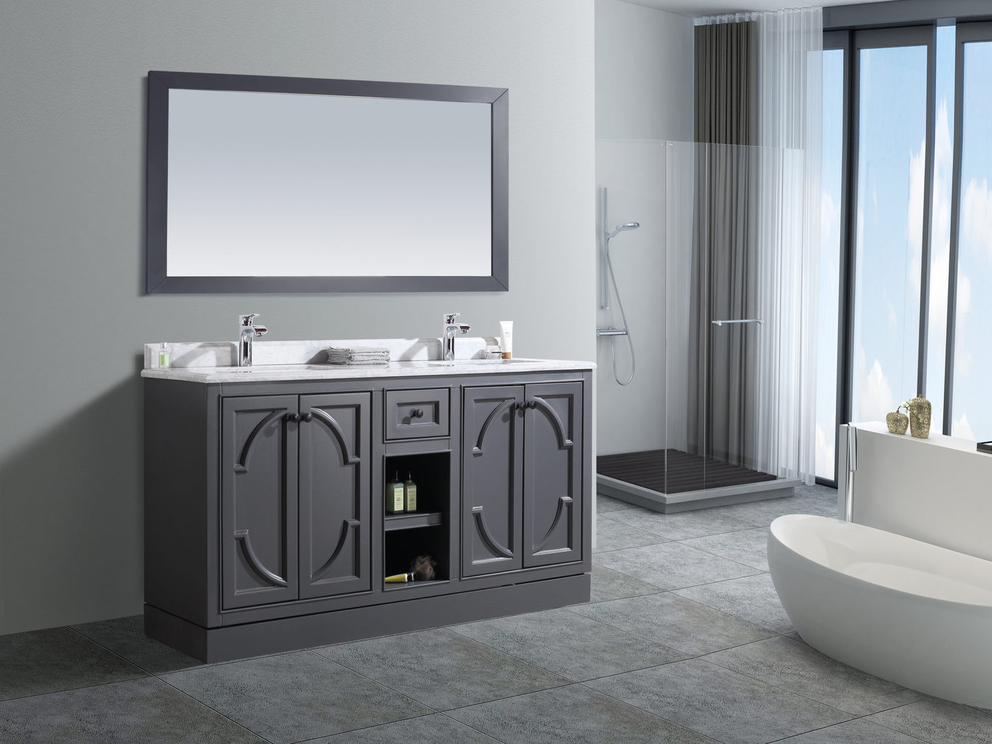 Laviva - Odyssey 60" Maple Grey Double Sink Bathroom Vanity with White Carrara Marble Countertop