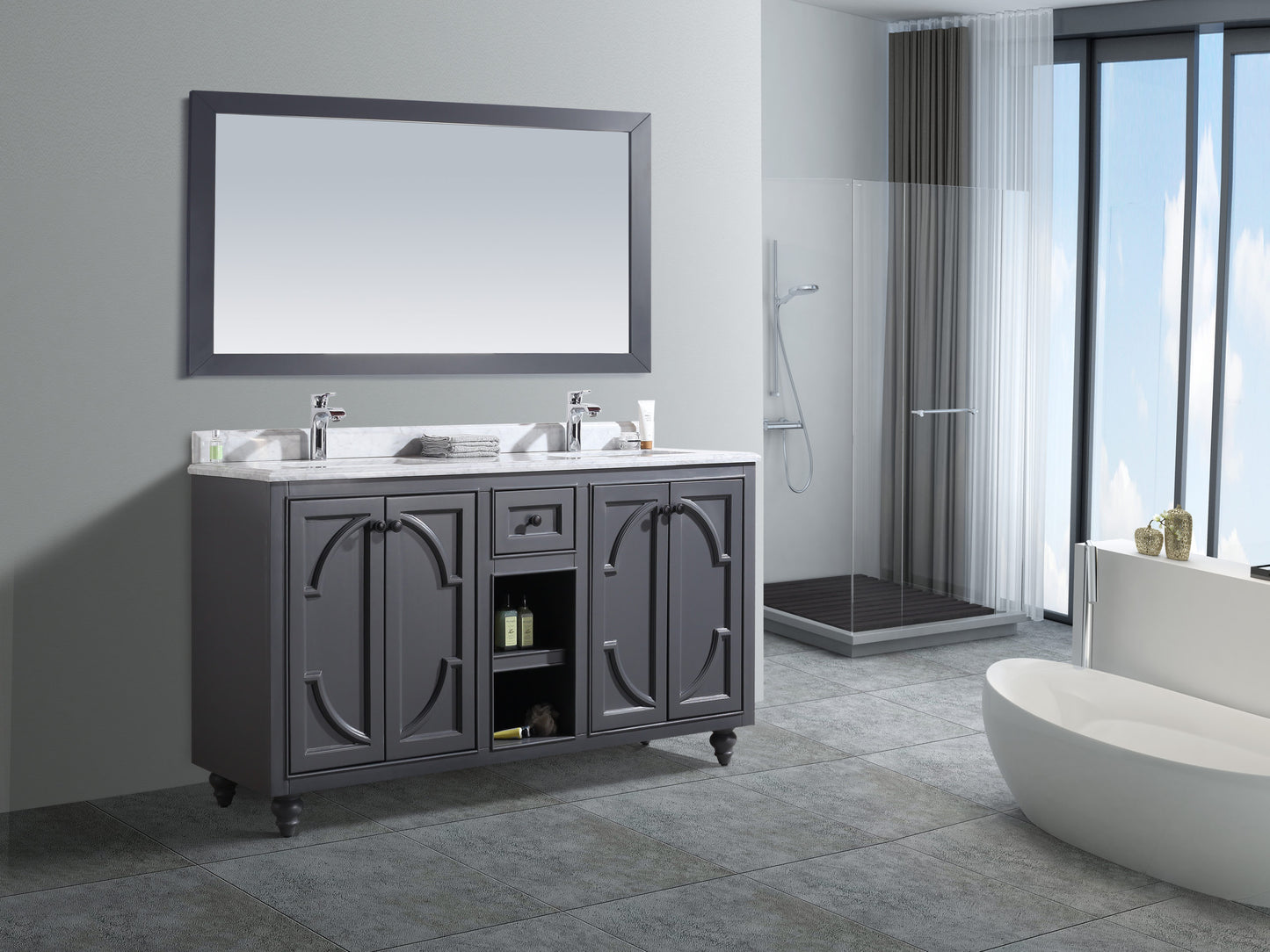 Laviva - Odyssey 60" Maple Grey Double Sink Bathroom Vanity with White Carrara Marble Countertop