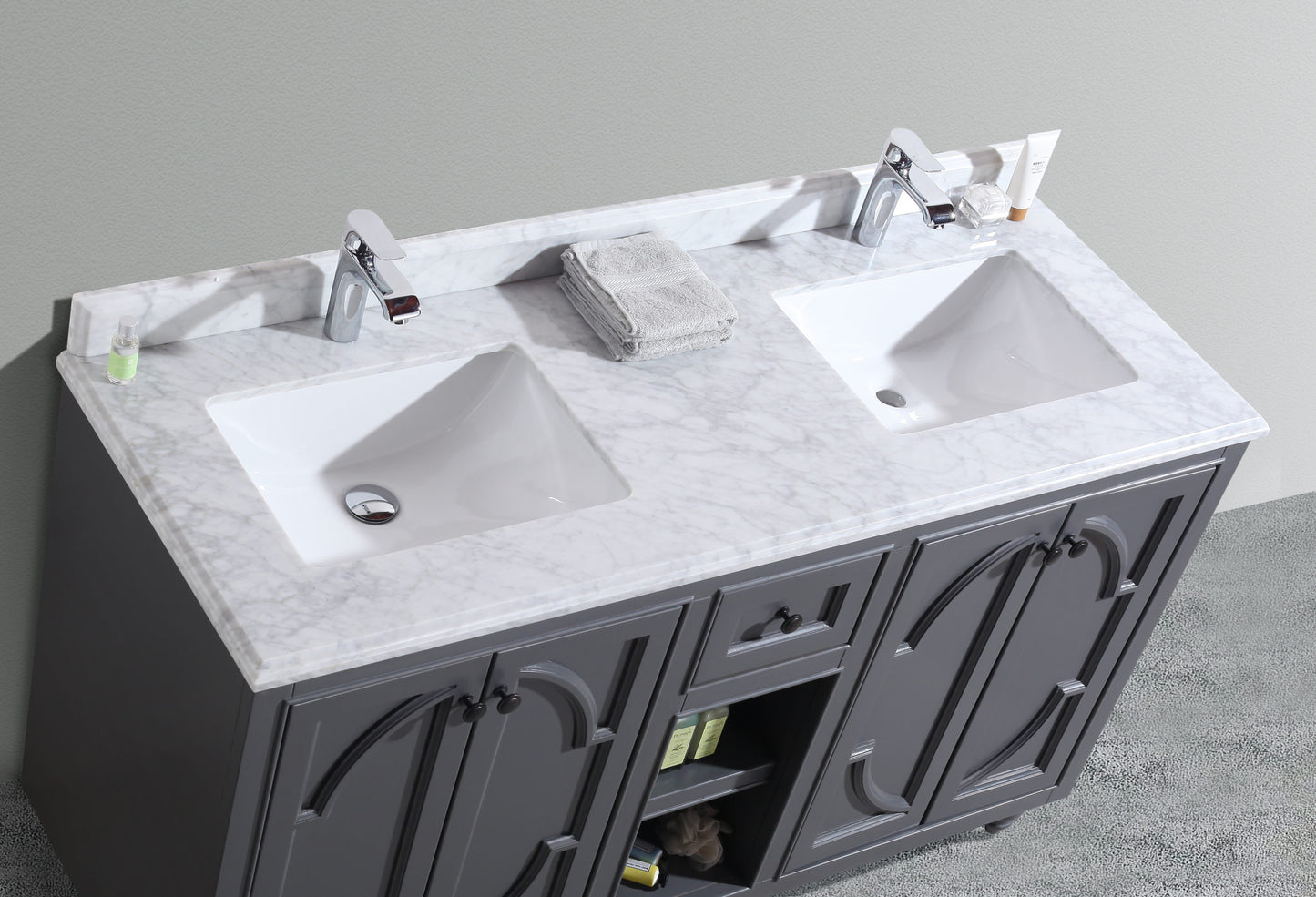 Laviva - Odyssey 60" Maple Grey Double Sink Bathroom Vanity with White Carrara Marble Countertop