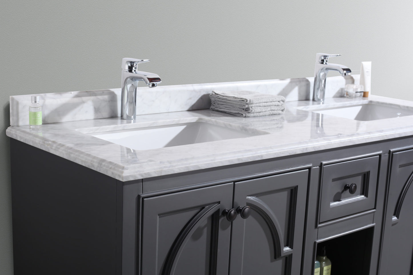 Laviva - Odyssey 60" Maple Grey Double Sink Bathroom Vanity with White Carrara Marble Countertop