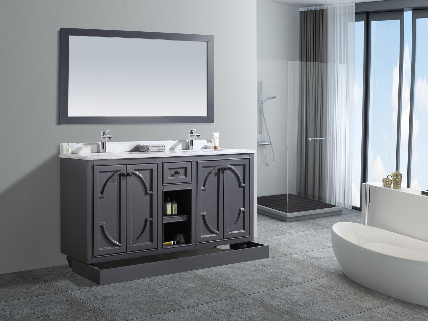 Laviva - Odyssey 60" Maple Grey Double Sink Bathroom Vanity with White Carrara Marble Countertop