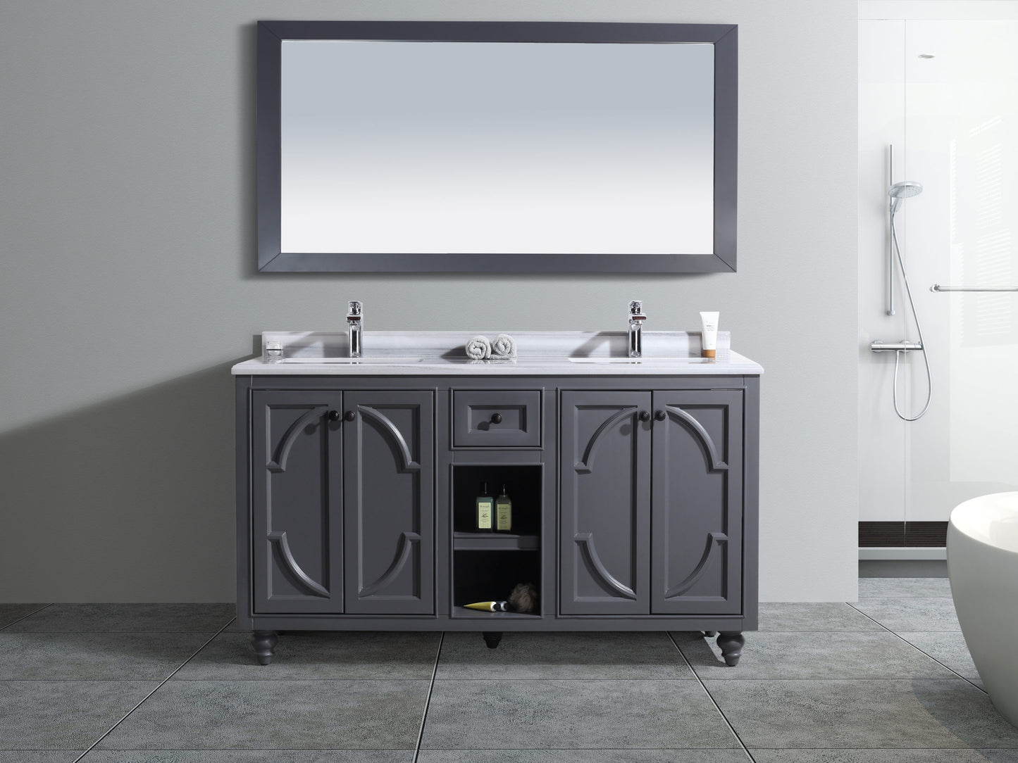 Laviva - Odyssey 60" Maple Grey Double Sink Bathroom Vanity with White Stripes Marble Countertop