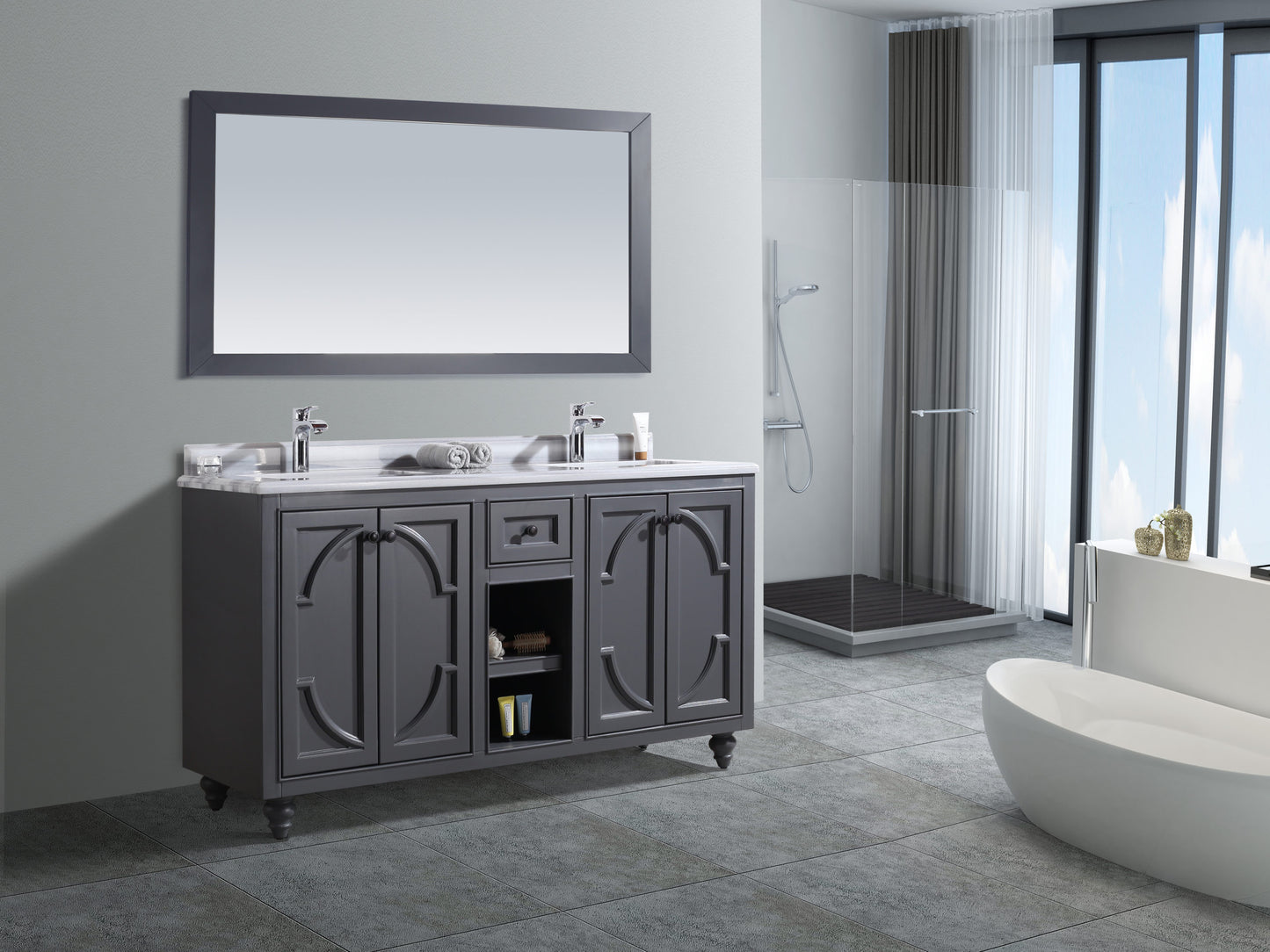 Laviva - Odyssey 60" Maple Grey Double Sink Bathroom Vanity with White Stripes Marble Countertop