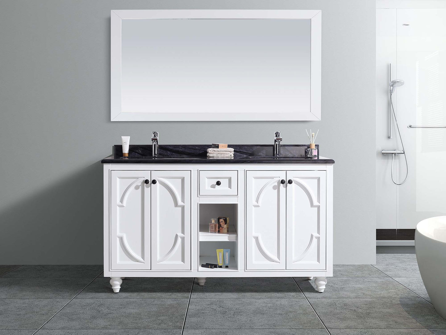 Laviva - Odyssey 60" White Double Sink Bathroom Vanity with Black Wood Marble Countertop