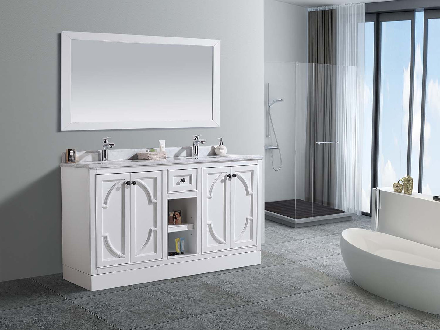 Laviva - Odyssey 60" White Double Sink Bathroom Vanity with Black Wood Marble Countertop