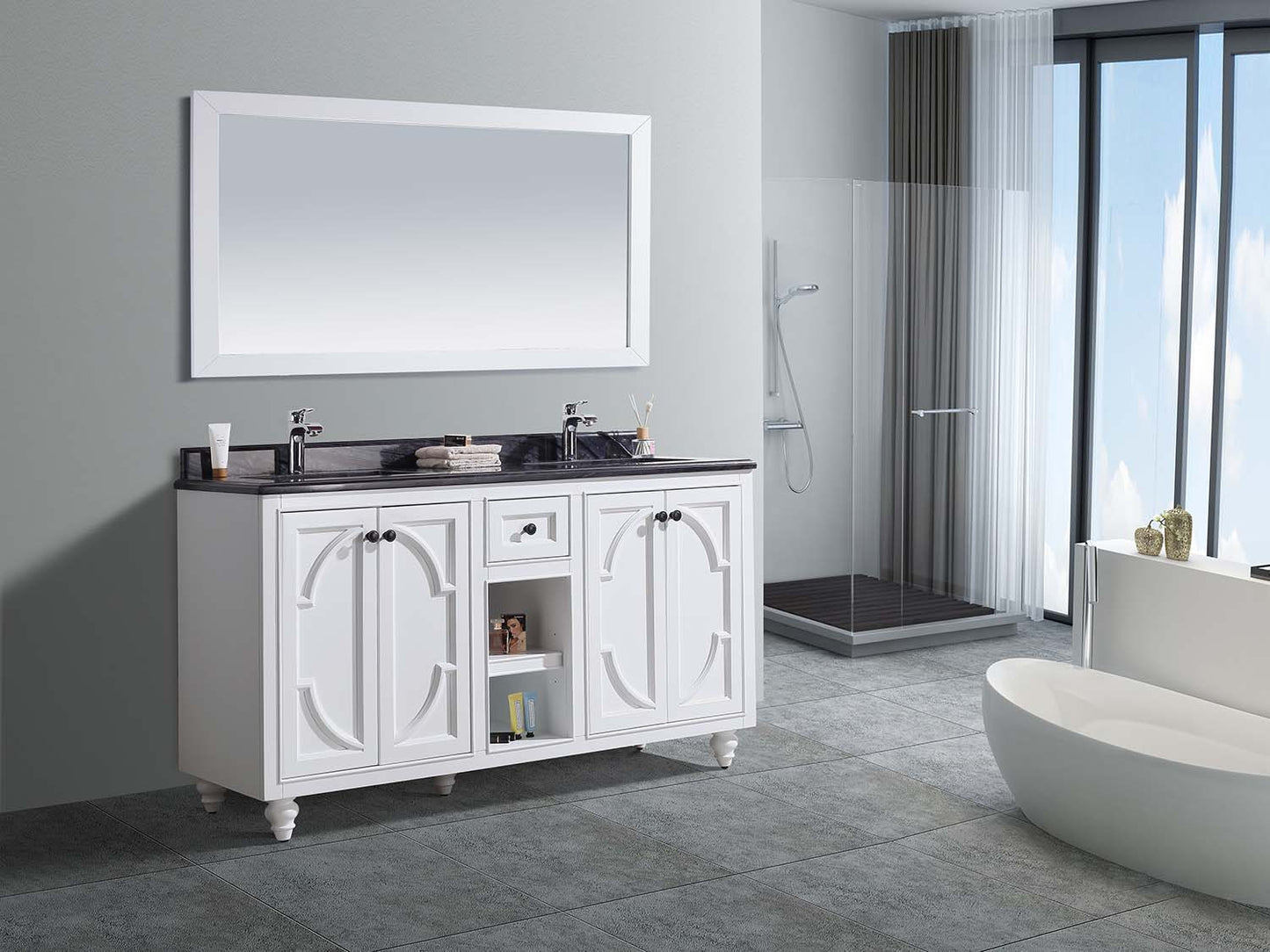 Laviva - Odyssey 60" White Double Sink Bathroom Vanity with Black Wood Marble Countertop