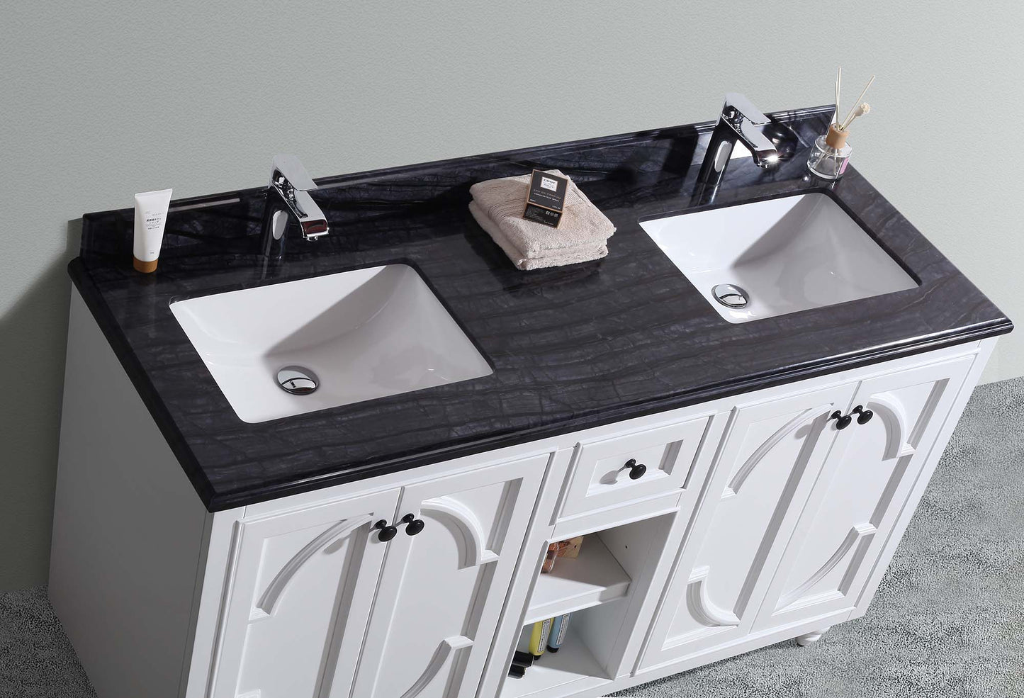 Laviva - Odyssey 60" White Double Sink Bathroom Vanity with Black Wood Marble Countertop