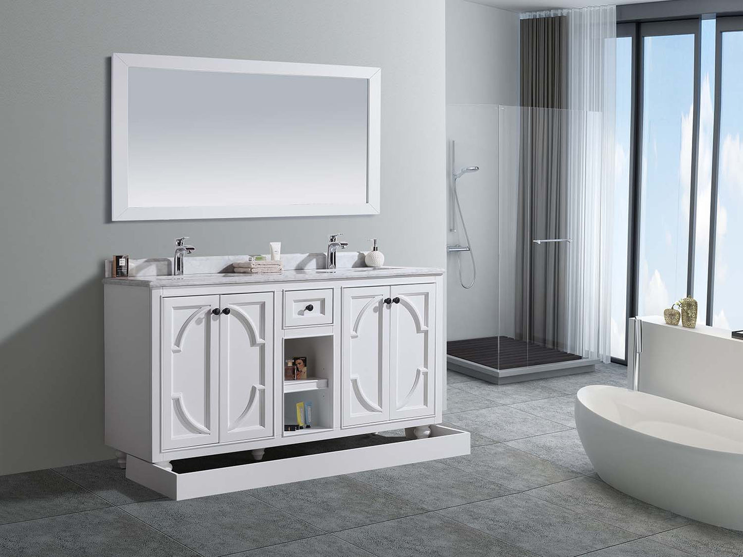 Laviva - Odyssey 60" White Double Sink Bathroom Vanity with Black Wood Marble Countertop