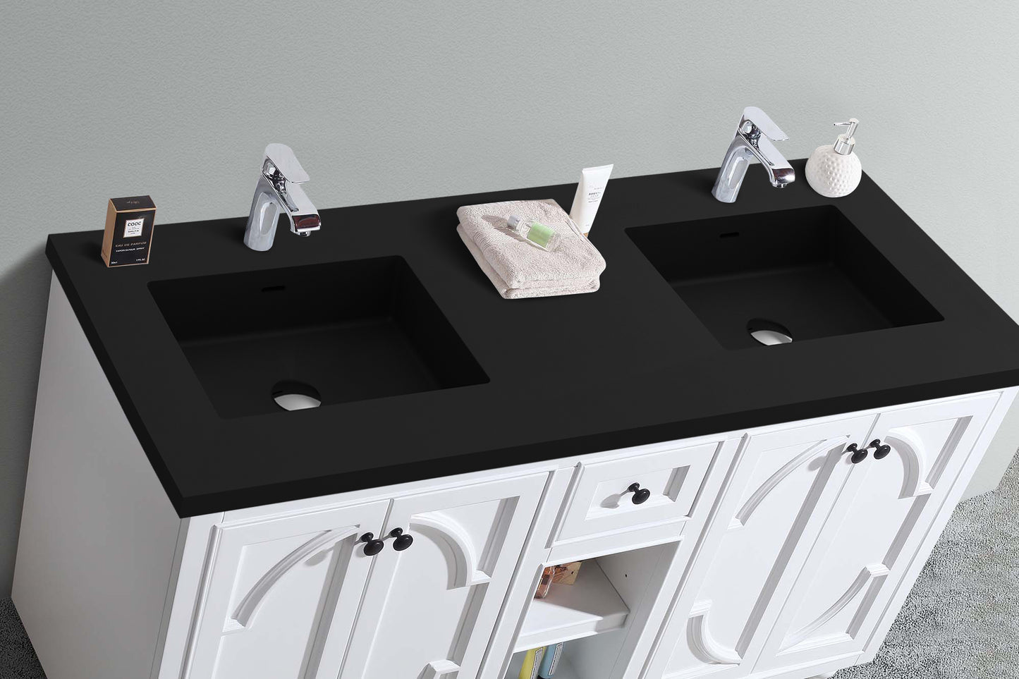 Laviva - Odyssey 60" White Double Sink Bathroom Vanity with Matte Black VIVA Stone Solid Surface Countertop