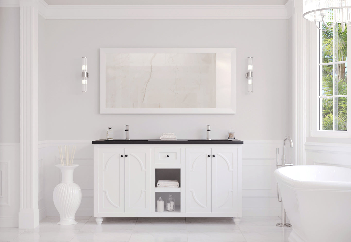 Laviva - Odyssey 60" White Double Sink Bathroom Vanity with Matte Black VIVA Stone Solid Surface Countertop