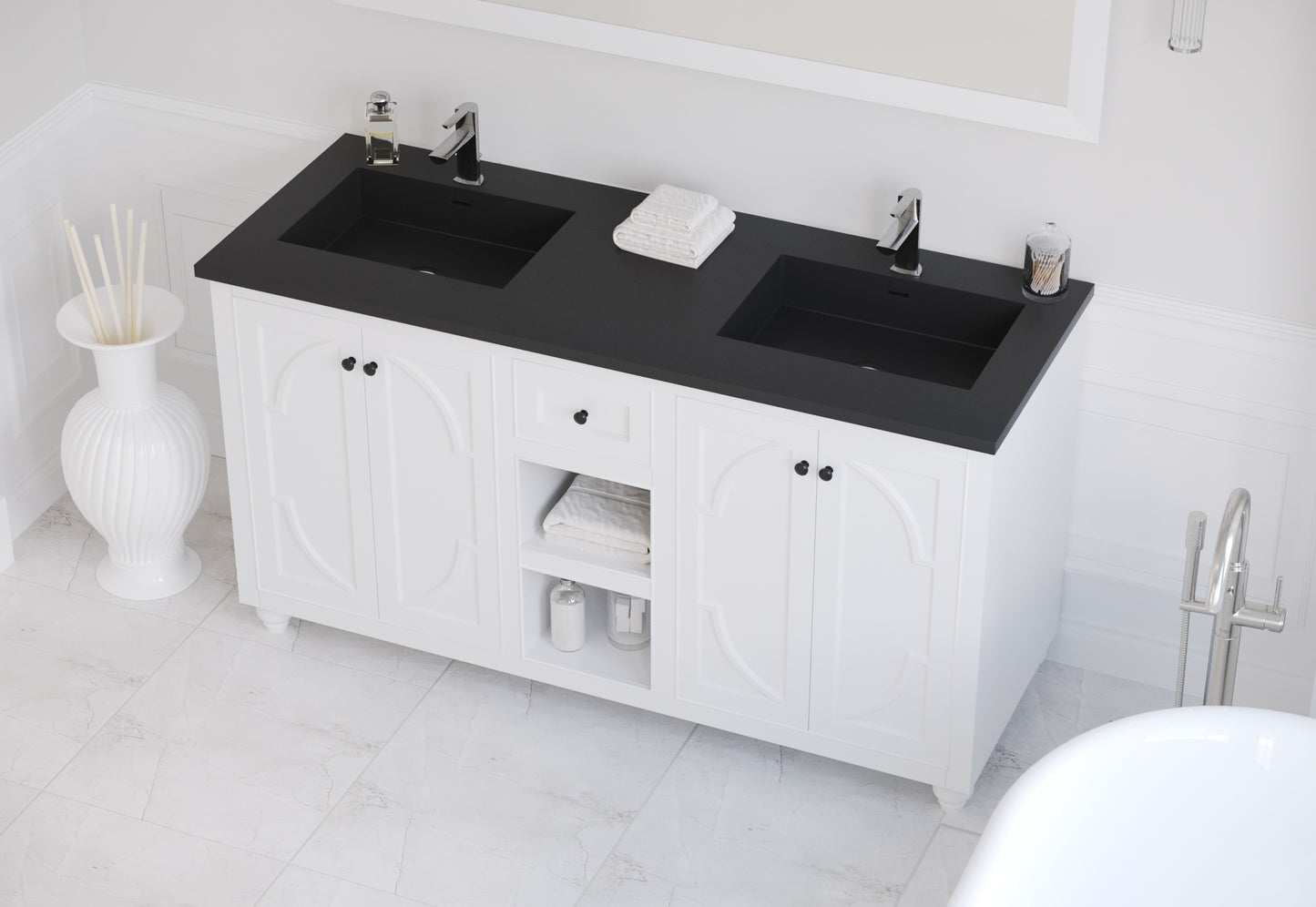 Laviva - Odyssey 60" White Double Sink Bathroom Vanity with Matte Black VIVA Stone Solid Surface Countertop