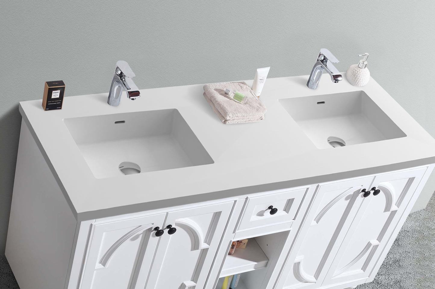 Laviva - Odyssey 60" White Double Sink Bathroom Vanity with Matte White VIVA Stone Solid Surface Countertop