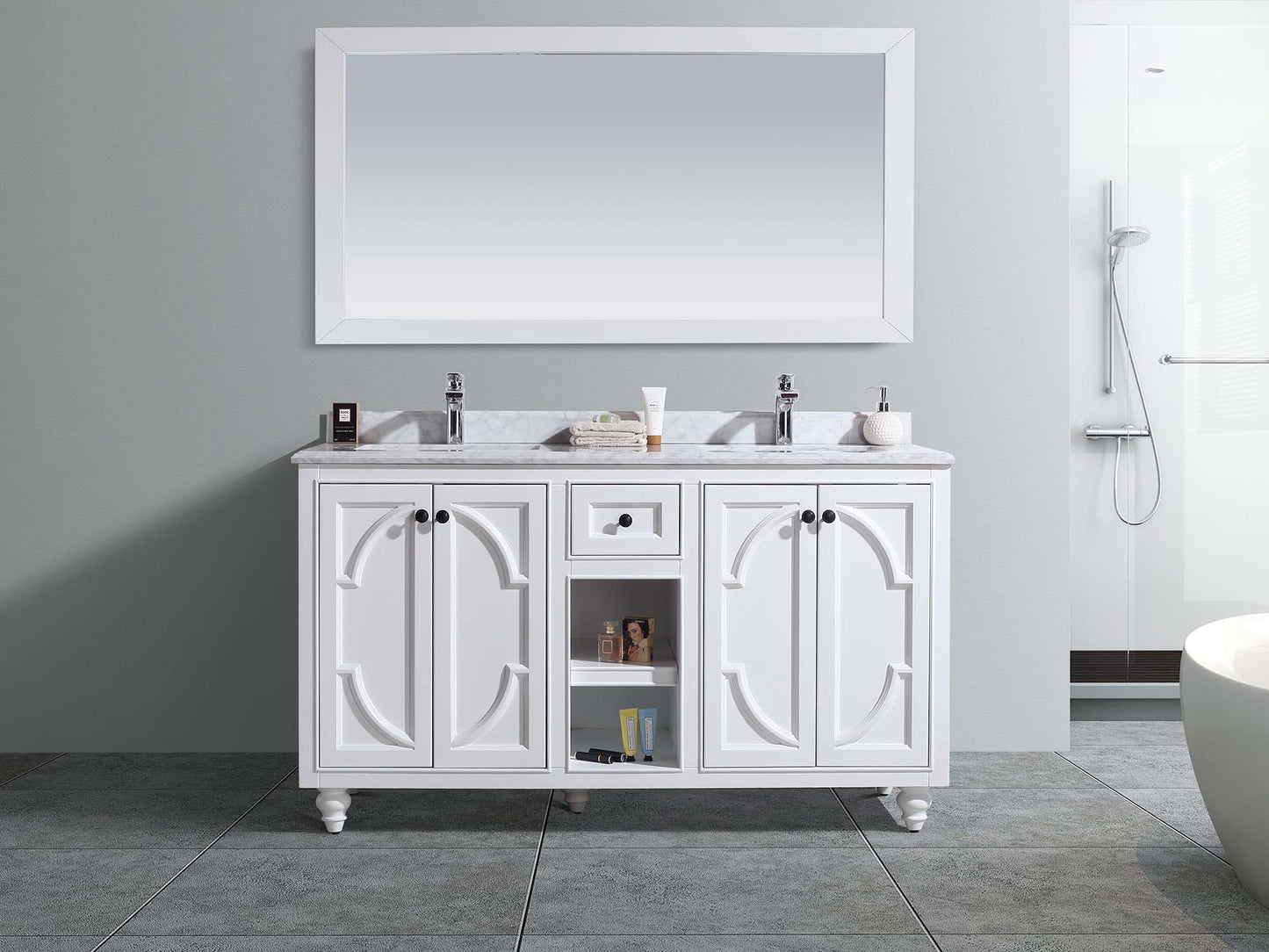 Laviva - Odyssey 60" White Double Sink Bathroom Vanity with White Carrara Marble Countertop