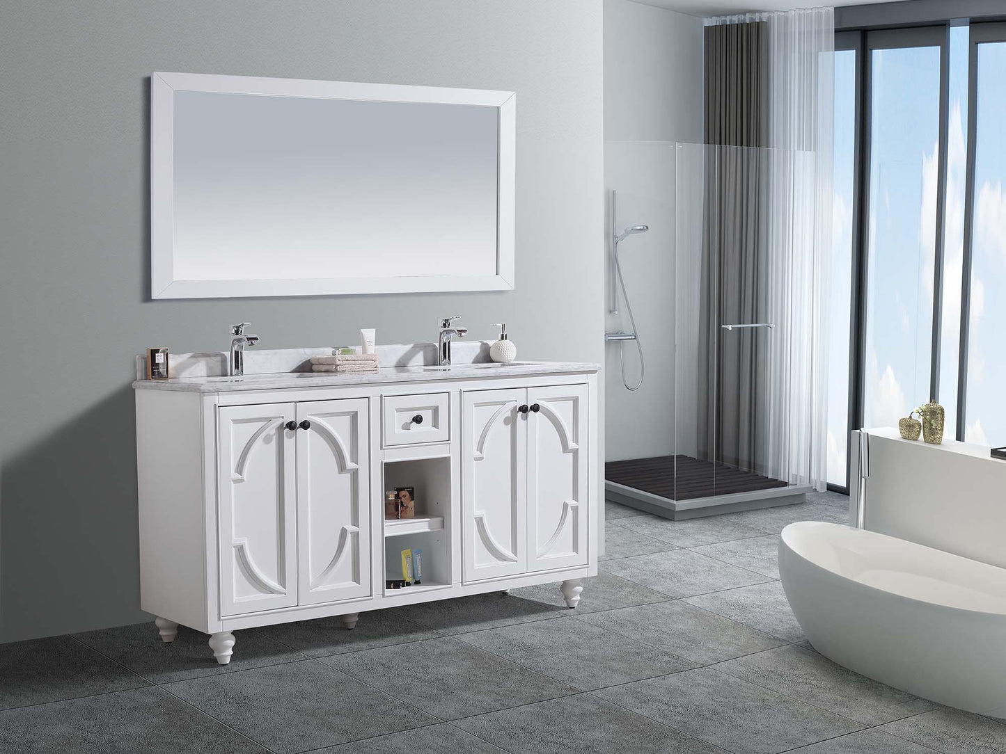 Laviva - Odyssey 60" White Double Sink Bathroom Vanity with White Carrara Marble Countertop