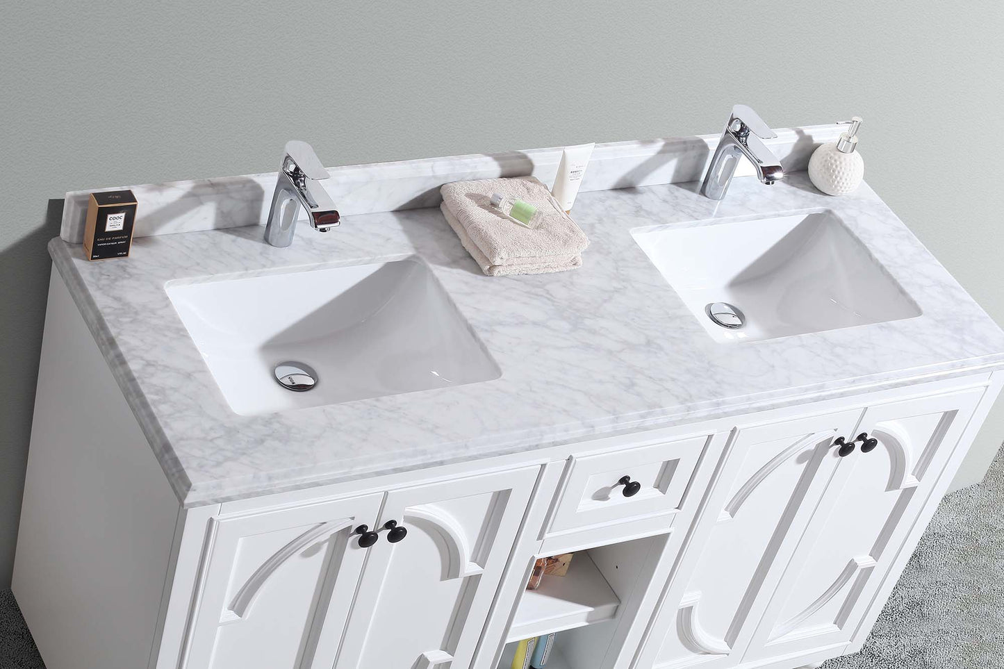 Laviva - Odyssey 60" White Double Sink Bathroom Vanity with White Carrara Marble Countertop