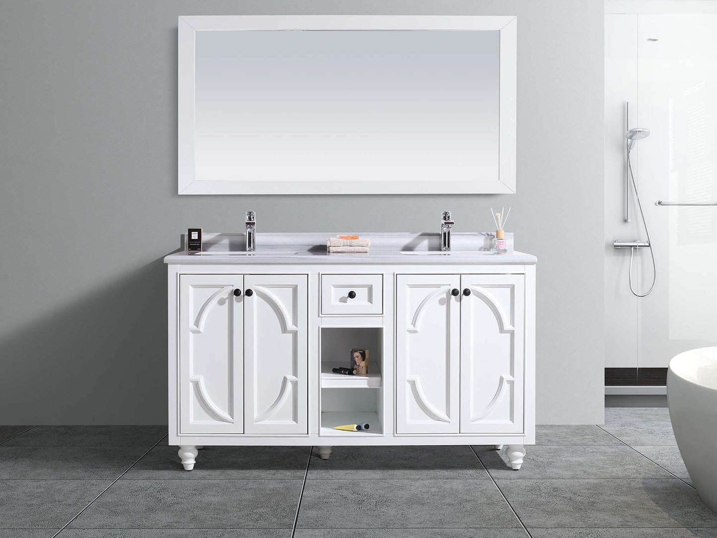 Laviva - Odyssey 60" White Double Sink Bathroom Vanity with White Stripes Marble Countertop