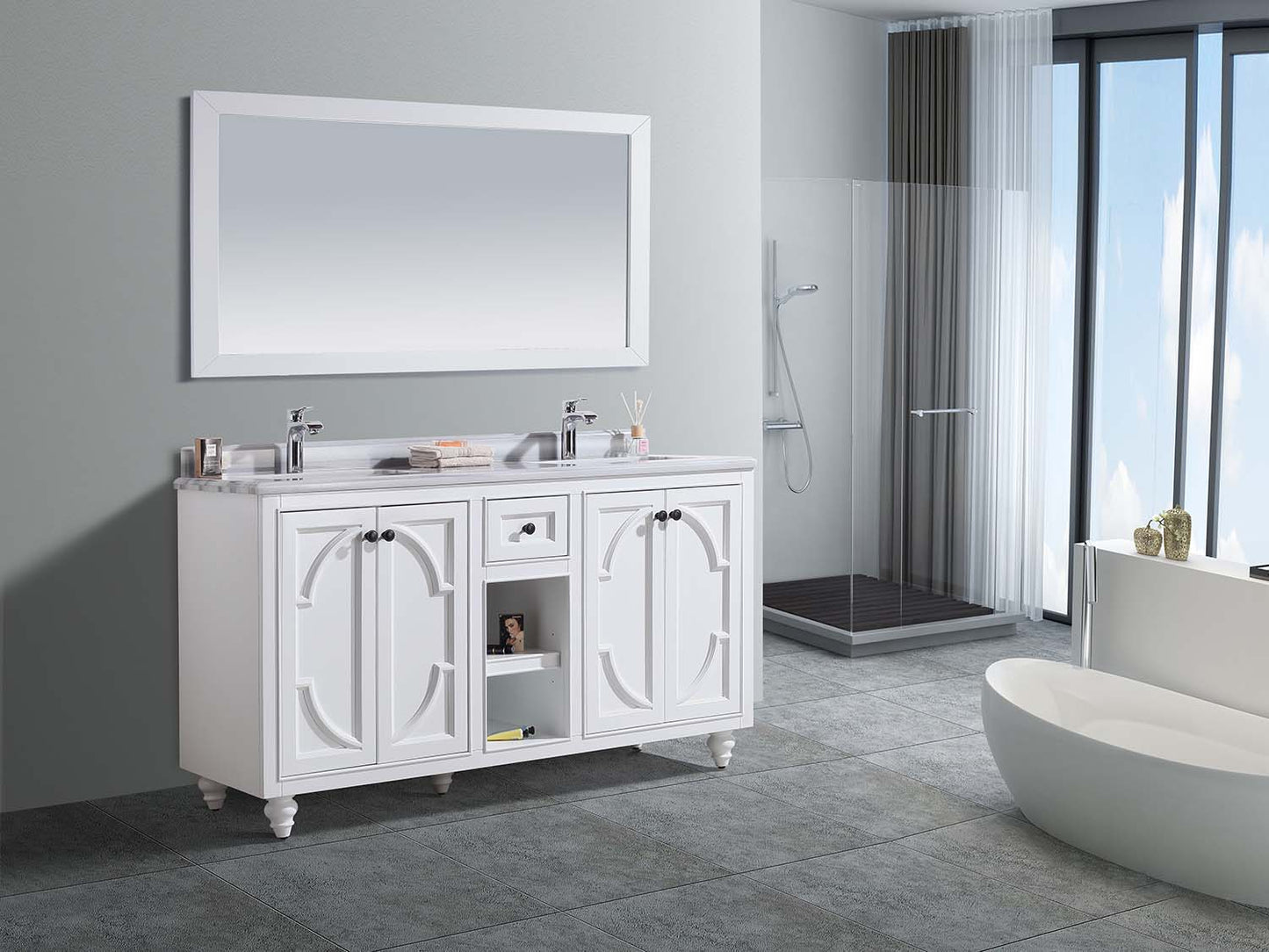 Laviva - Odyssey 60" White Double Sink Bathroom Vanity with White Stripes Marble Countertop