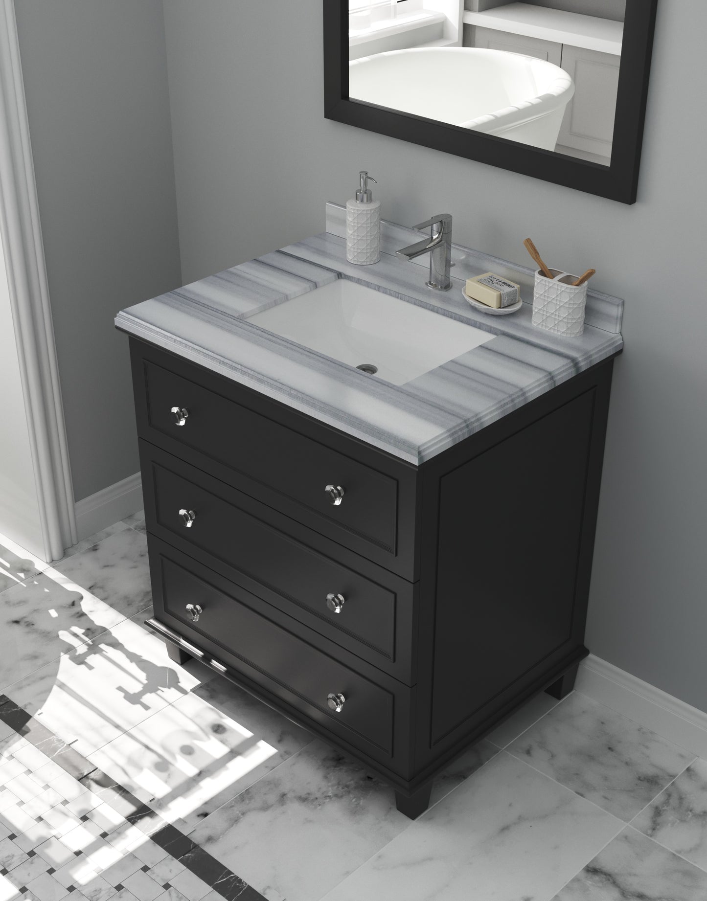 Laviva - Luna 30" Espresso Bathroom Vanity with White Stripes Marble Countertop