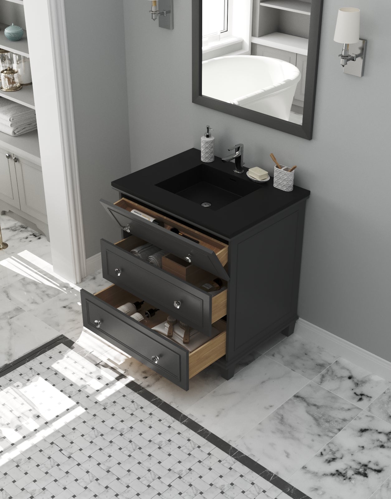 Laviva - Luna 30" Maple Grey Bathroom Vanity with Matte Black VIVA Stone Solid Surface Countertop