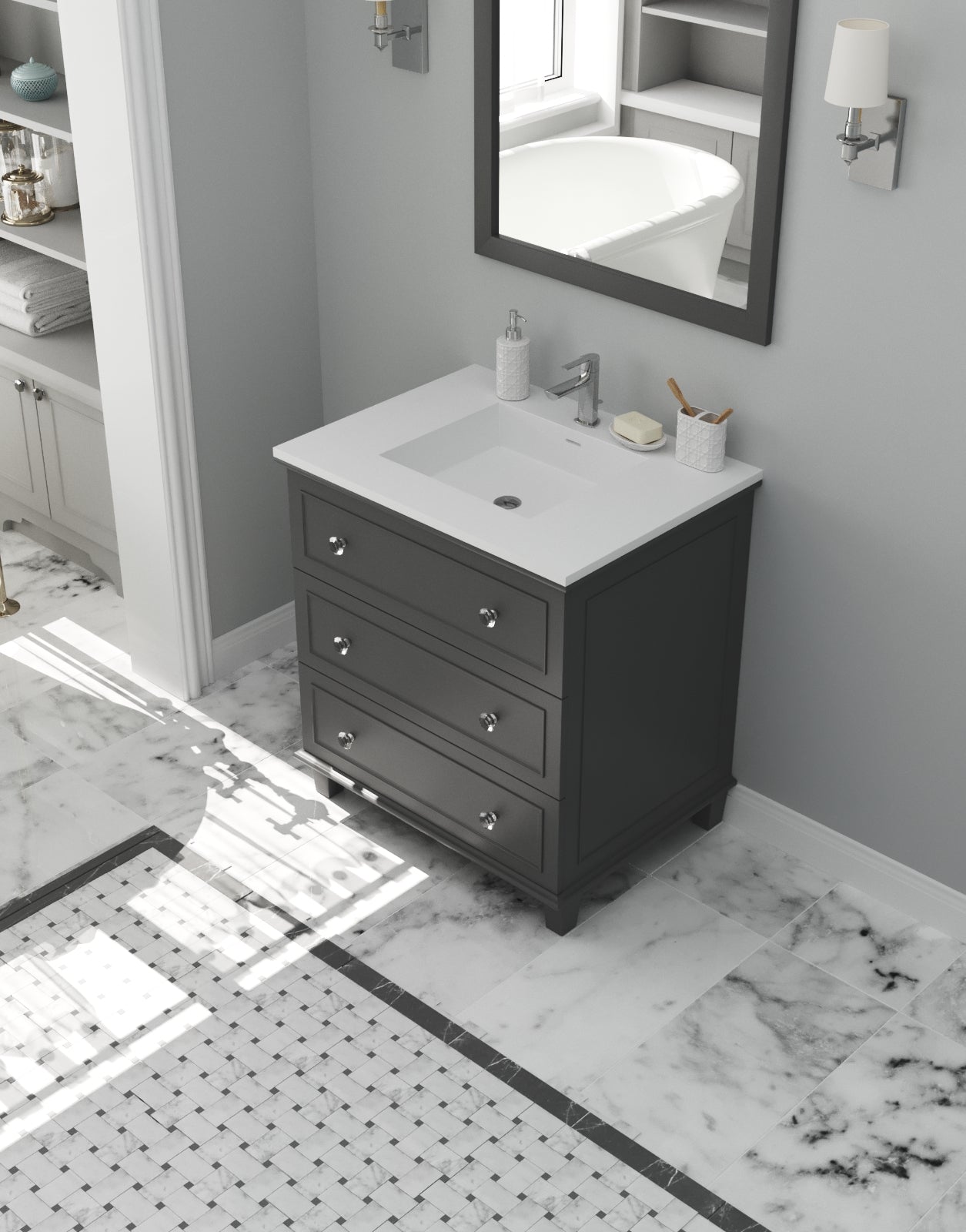 Laviva - Luna 30" Maple Grey Bathroom Vanity with Matte White VIVA Stone Solid Surface Countertop