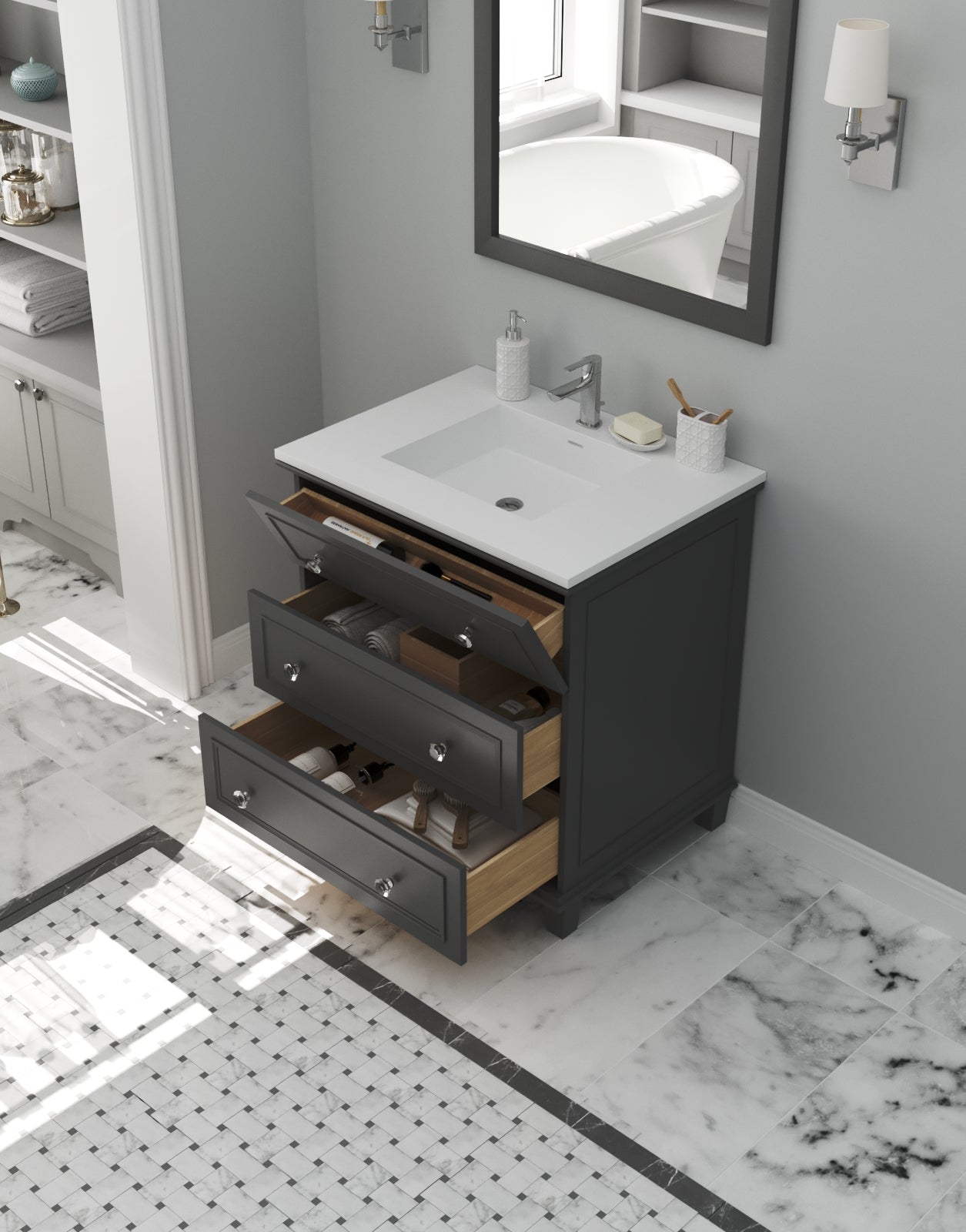 Laviva - Luna 30" Maple Grey Bathroom Vanity with Matte White VIVA Stone Solid Surface Countertop